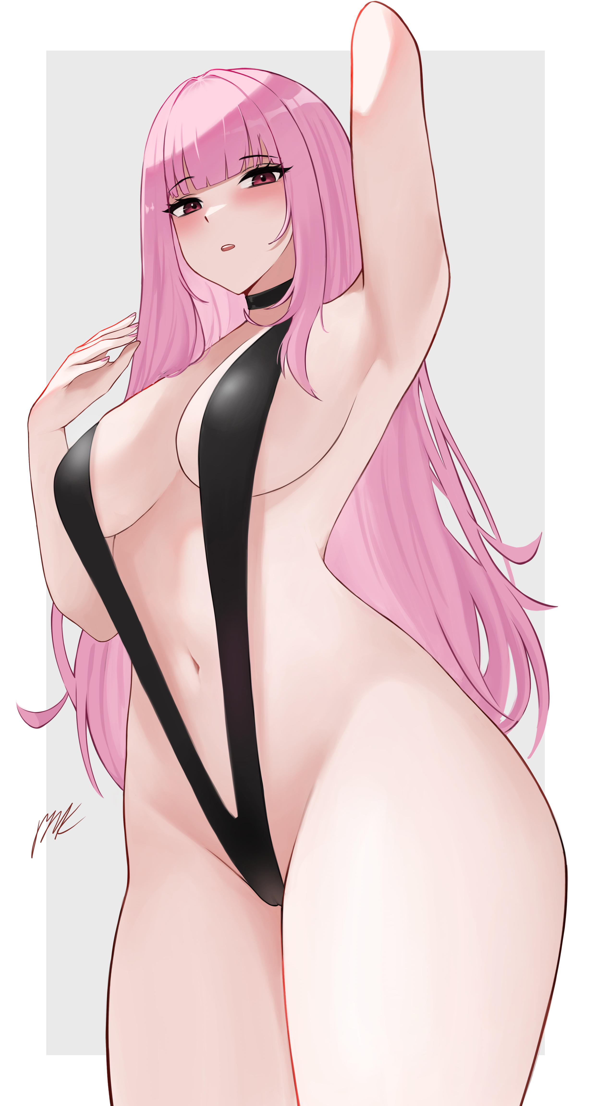 pynkmouth, mori calliope, hololive, hololive english, absurdres, commentary, english commentary, highres, 1girl, alternate costume, arm up, armpits, blunt bangs, breasts, cleavage, hand up, large breasts, long hair, looking at viewer, navel, open mouth, pink eyes, pink hair, revealing clothes, sidelocks, simple background, slingshot swimsuit, solo, stomach, straight hair, swimsuit, very long hair, virtual youtuber, white background