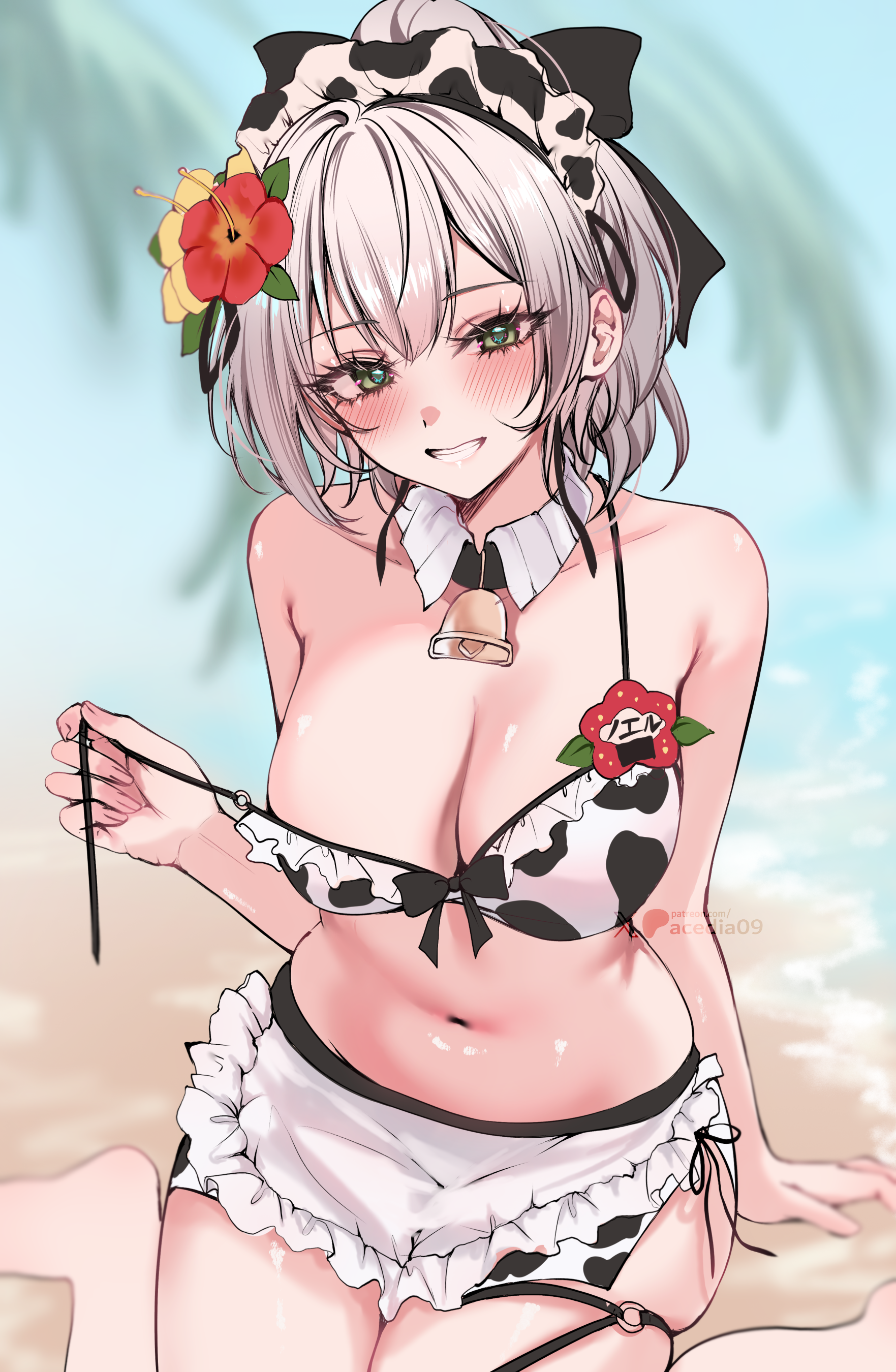 acedia, shirogane noel, hololive, absurdres, commentary, highres, 1girl, animal print, apron, bare arms, bare shoulders, beach, bell, bikini, blurry, blurry background, blush, bow, breasts, cleavage, collarbone, cow print, cow print bikini, cowbell, detached collar, flower, green eyes, grin, hair bow, hair flower, hair ornament, large breasts, long hair, looking at viewer, miniskirt, navel, open clothes, ponytail, print bikini, side slit, sitting, skindentation, skirt, smile, solo, stomach, strap pull, string bikini, swimsuit, thigh strap, untied bikini, virtual youtuber, waist apron, wariza, white hair, white skirt