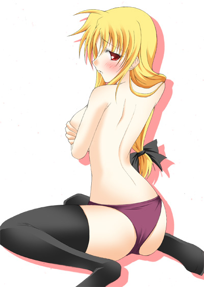 fate testarossa, lyrical nanoha, mahou shoujo lyrical nanoha, mahou shoujo lyrical nanoha strikers, 00s, ass, blush, kneeling, panties, solo, thighhighs, topless female, underwear