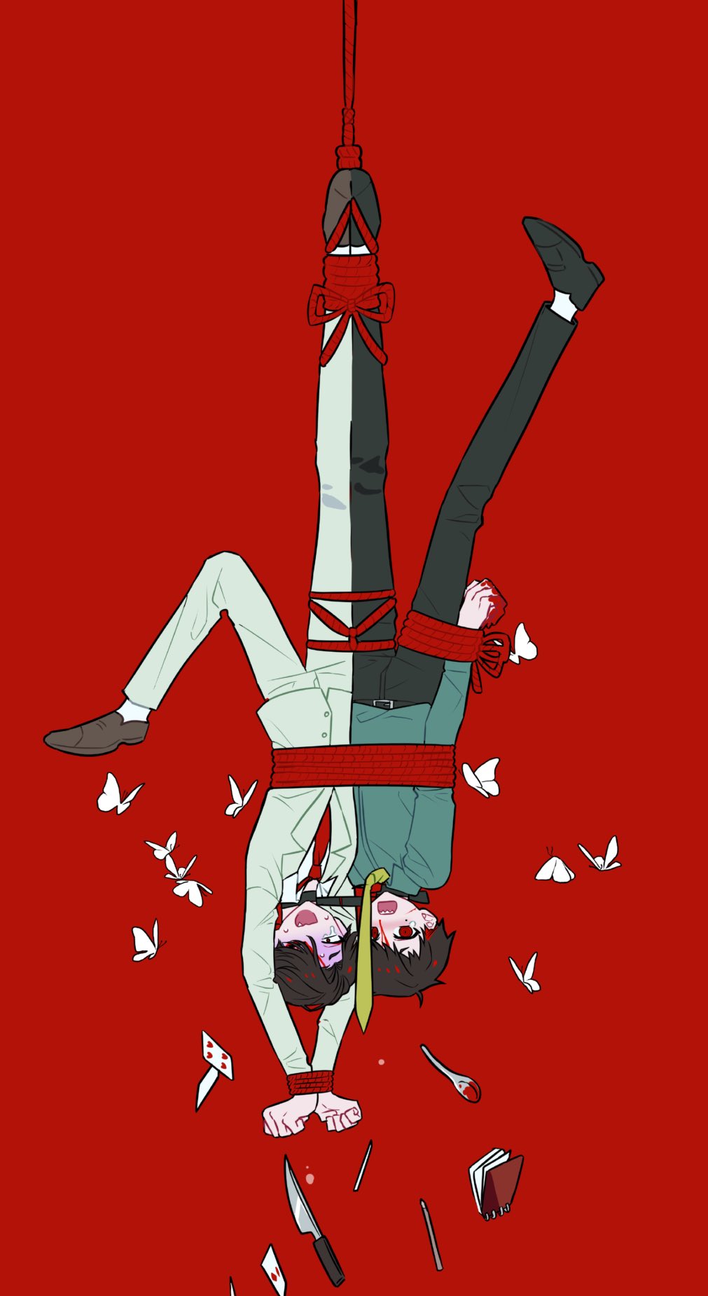 ooe (game), highres, 2boys, black hair, bound, bound wrists, bug, butterfly, fork, formal clothes, insect, knife, male focus, multiple boys, necktie, noose, open mouth, pants, red background, red eyes, red necktie, rope, seranrrrrr, shiodome (ooe), shoes, short hair, simple background, spoon, suit, takeshiba (ooe), upside-down, white butterfly, white suit