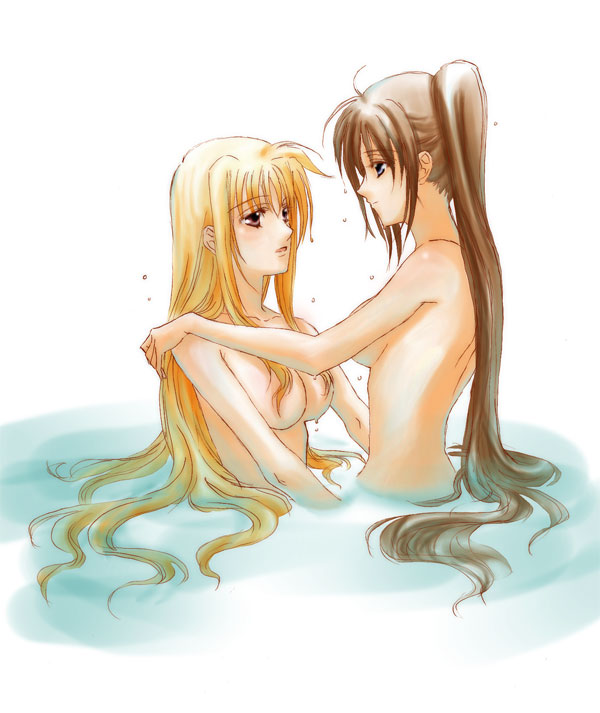 lina (interlude), fate testarossa, takamachi nanoha, lyrical nanoha, mahou shoujo lyrical nanoha, mahou shoujo lyrical nanoha strikers, 00s, 2girls, multiple girls, nude, water, yuri
