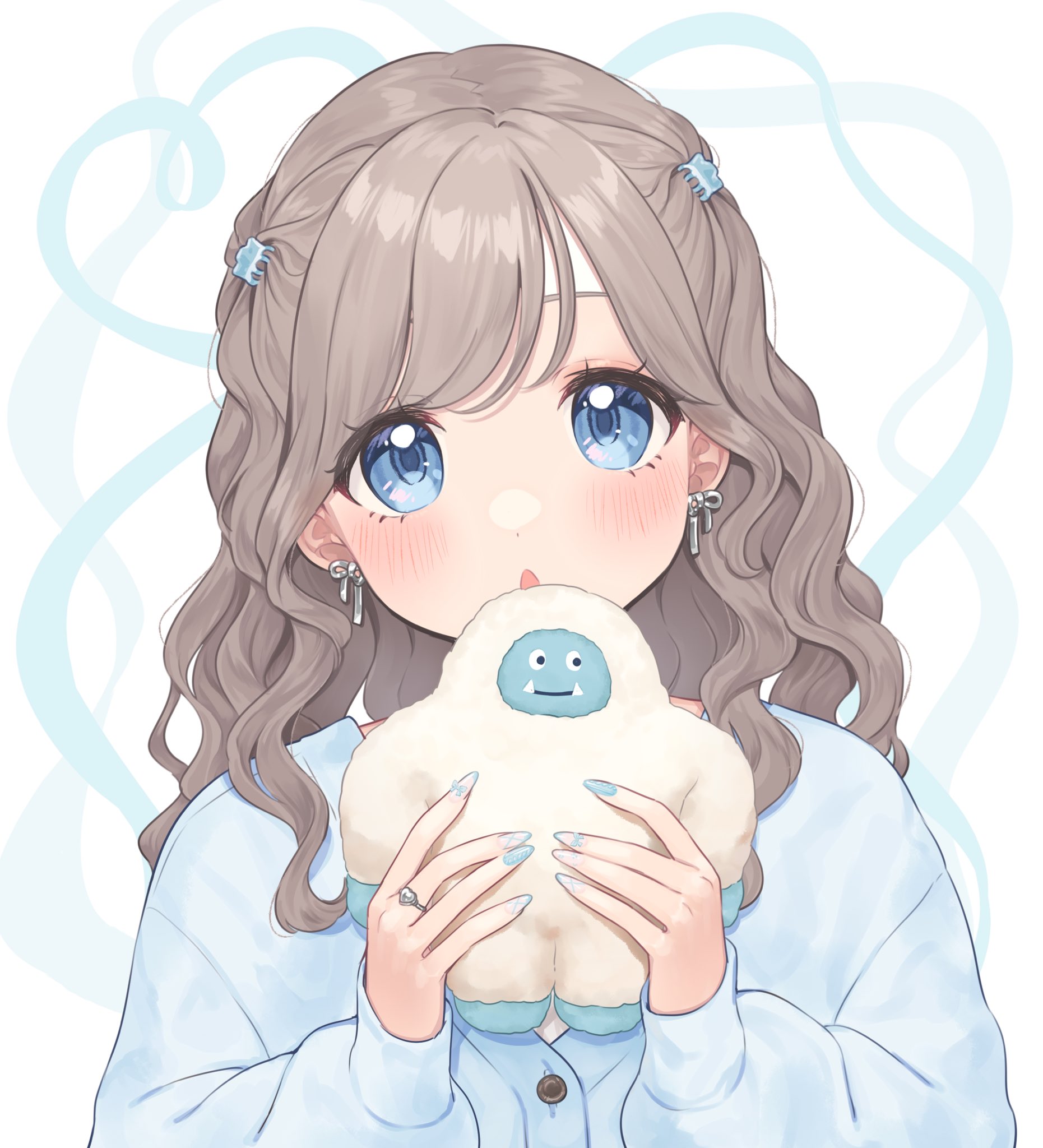 umeno, indie virtual youtuber, bad id, bad twitter id, highres, 1girl, :o, blue cardigan, blue eyes, blue nails, blush, bow, bow earrings, brown hair, cardigan, claw hair clip, earrings, fingernails, hair ornament, hairclip, hands up, head tilt, holding, holding stuffed toy, jewelry, long hair, looking at viewer, nail art, nail polish, open mouth, pink nails, ring, simple background, sleeves past wrists, solo, straight-on, stuffed toy, swept bangs, tareme, upper body, virtual youtuber, wavy hair, white background, yamada suzume, yeti (creature)