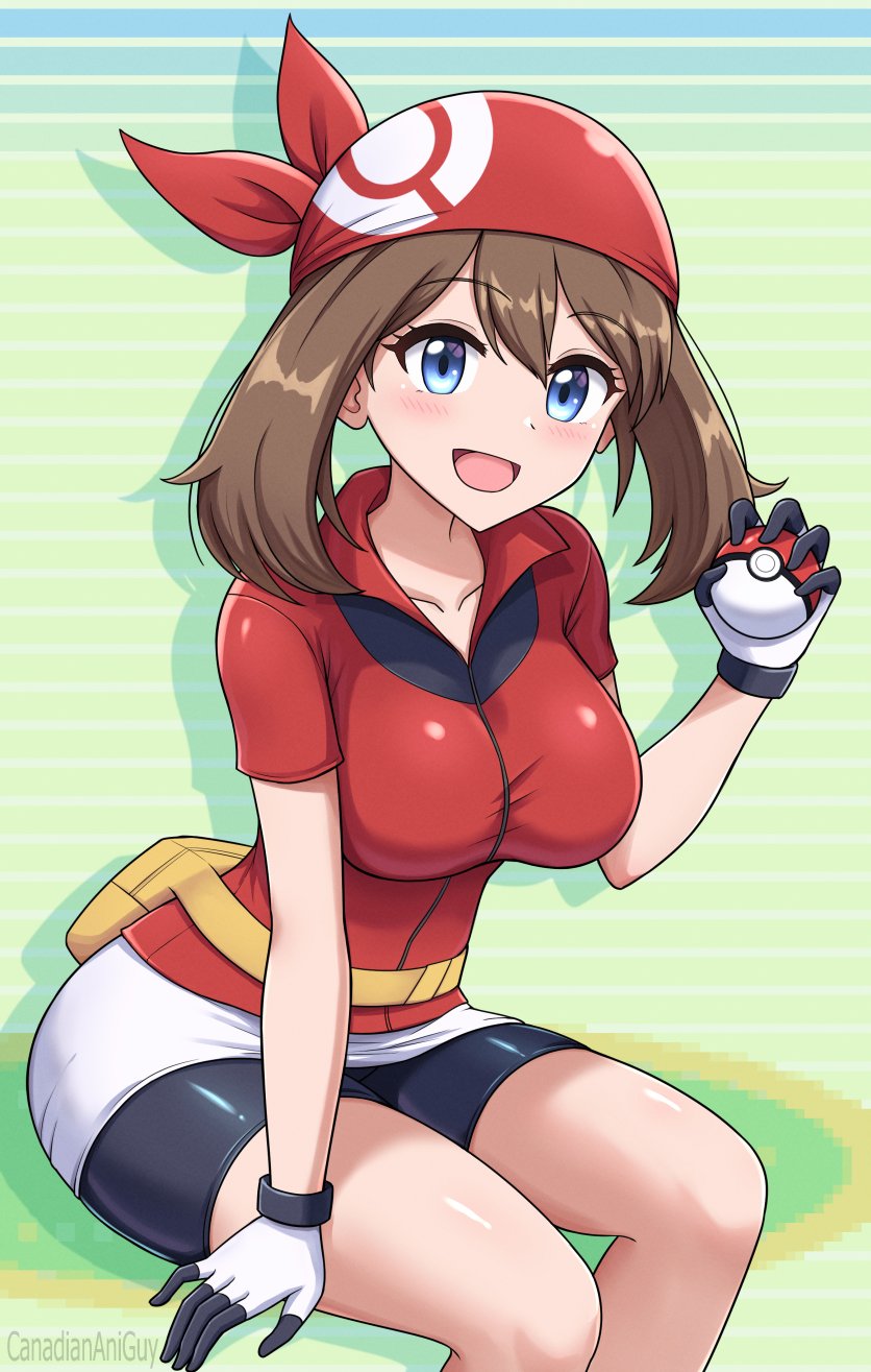 canadiananiguy, may (pokemon), nintendo, pokemon, pokemon rse, highres, 1girl, bandana, bike shorts, bike shorts under shorts, blue eyes, blush, breasts, brown hair, collarbone, fanny pack, gloves, holding, holding poke ball, large breasts, long hair, looking at viewer, open mouth, poke ball, poke ball (basic), red bandana, red shirt, shirt, shorts, shorts under shorts, smile, solo