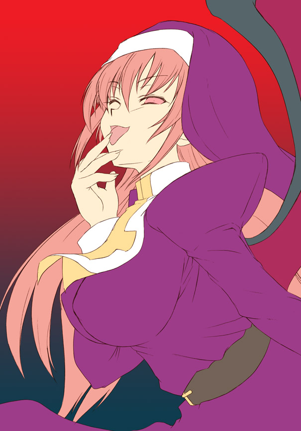 asaga aoi, clarice di lanza, aq interactive, arcana heart, arcana heart 2, atlus, examu, habit, 1girl, ;p, bat wings, belt, breasts, covered erect nipples, cross, demon girl, dress, female focus, huge breasts, impossible clothes, impossible dress, large breasts, leaning forward, licking, licking finger, long hair, naughty face, nun, one eye closed, open mouth, pink eyes, pink hair, purple dress, sexually suggestive, solo, tongue, tongue out, turtleneck, very long hair, wings, wink