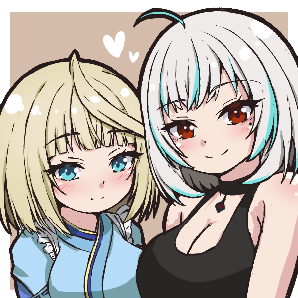 tanu (ace ikachan), manase yua, project blue (vtuber), character request, commentary request, copyright request, 2girls, ahoge, black choker, black tank top, blonde hair, blue eyes, blue kimono, blue streaks, blunt bangs, blush, border, breasts, brown background, choker, cleavage, closed mouth, heart, japanese clothes, kimono, large breasts, looking at viewer, mole, mole under eye, multicolored hair, multiple girls, outside border, red eyes, short hair, smile, split mouth, streaked hair, tank top, upper body, virtual youtuber, white border, white hair