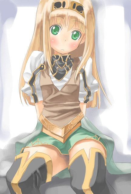 yohane, alicia, alicia (valkyrie profile 2), valkyrie profile (series), valkyrie profile 2: silmeria, 1girl, blonde hair, blush, boots, female focus, green eyes, hairband, long hair, overskirt, puffy sleeves, skirt, solo, standing, thigh boots, thighhighs, zettai ryouiki