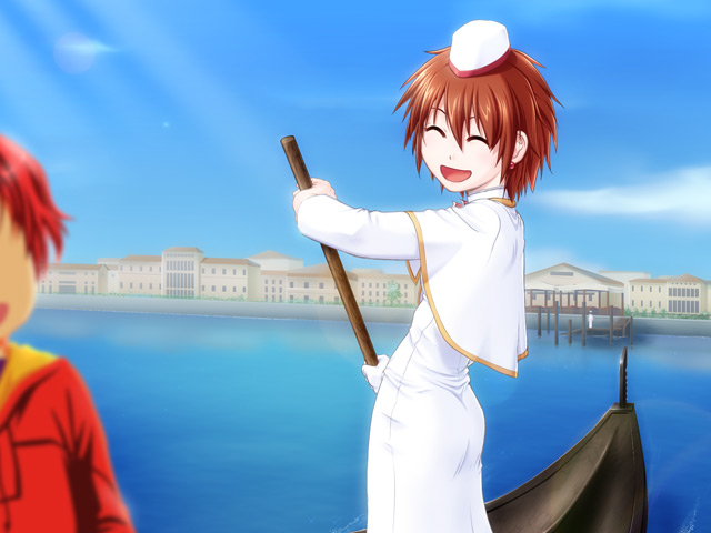 caryo, takeda yukimura, ayumi k jasmine, aria (manga), bad id, 00s, 1girl, :d, ^ ^, boat, capelet, city, closed eyes, dress, garrison cap, gondola, hat, high collar, holding, holding oar, long sleeves, oar, ocean, open mouth, shaded face, shore, smile, solo focus, standing, venice, water, watercraft, white dress