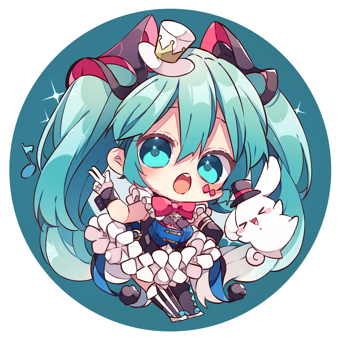 kaho 0102, cinnamoroll, hatsune miku, magical mirai miku, magical mirai miku (2019), fuwa fuwa cinnamoroll, magical mirai (vocaloid), sanrio, vocaloid, commentary request, 1girl, :o, black boots, blue background, blue eyes, blue hair, blush, boots, border, bow, bowtie, chibi, chibi only, double-parted bangs, dress, dress ruff, full body, gloves, hair between eyes, hand on own hip, hand up, hat, long hair, looking at viewer, open mouth, red bow, red bowtie, round border, sleeveless, sleeveless dress, solo, standing, thigh boots, top hat, twintails, white border, white dress, white gloves, white hat