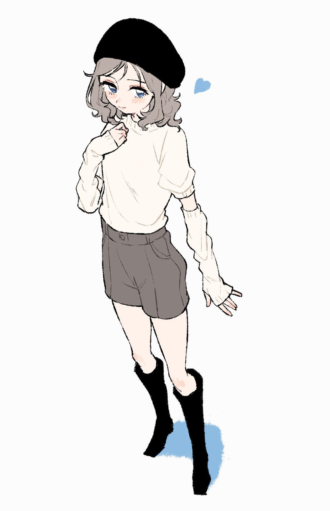 umeno, indie virtual youtuber, commentary request, highres, 1girl, beanie, black boots, black hat, blue eyes, blush, boots, closed mouth, from above, full body, grey hair, grey shorts, hand on own chest, hand up, hat, heart, knee boots, looking at viewer, looking to the side, looking up, medium hair, parted bangs, short sleeves, shorts, sidelocks, sideways glance, simple background, smile, solo, standing, sweater, sweater tucked in, virtual youtuber, white arm warmers, white background, white sweater, yamada suzume