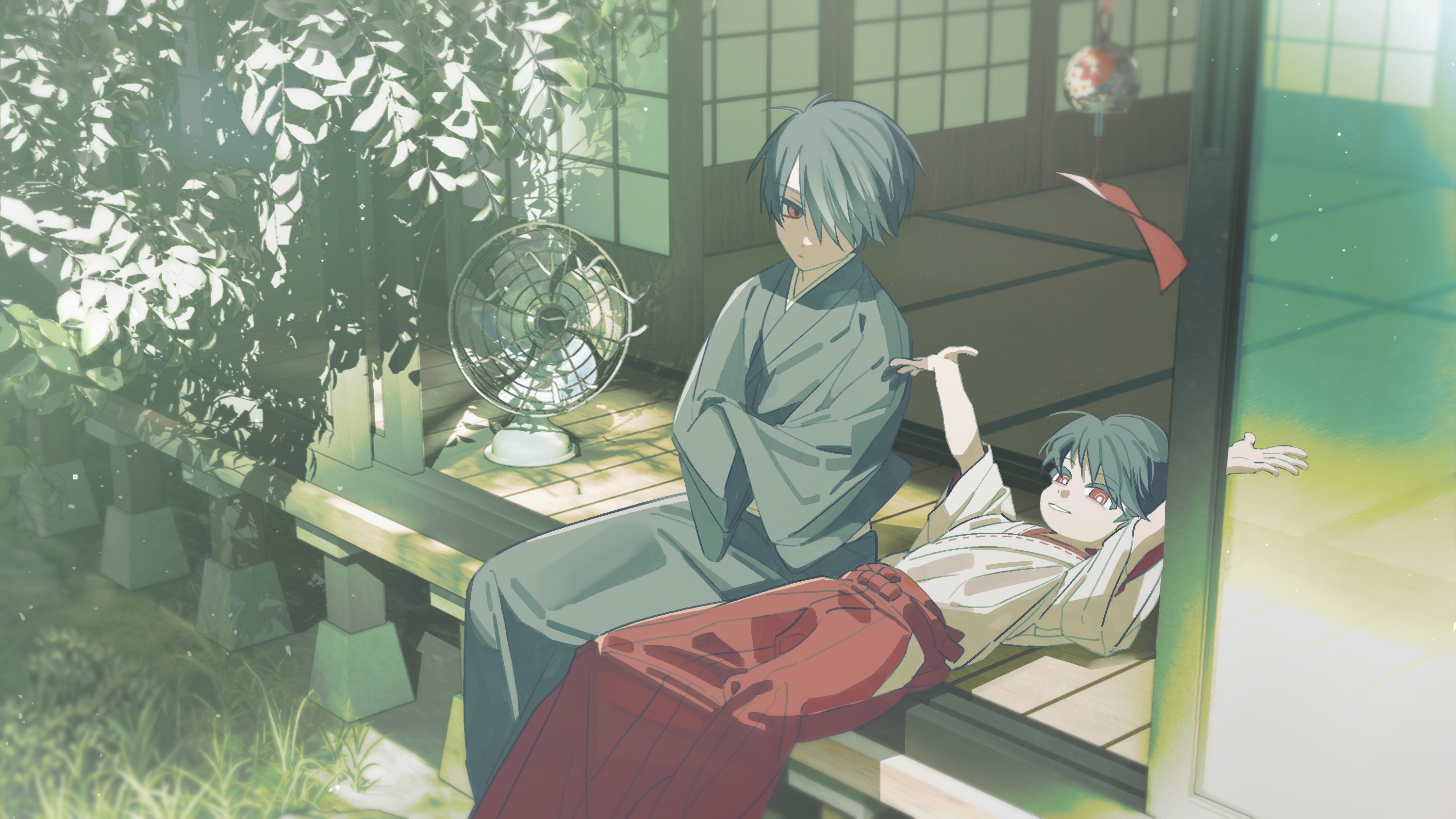 kabae, oosaki (ooe), ooe (game), highres, korean commentary, 2boys, black hair, black kimono, closed mouth, crossed arms, hair over one eye, hakama, hakama skirt, japanese clothes, kimono, looking at another, lying, male focus, miko, multiple boys, on back, outdoors, red eyes, red hakama, shiodome (ooe), short hair, sitting, skirt, sliding doors, smile, veranda, white kimono, wide sleeves, wind chime