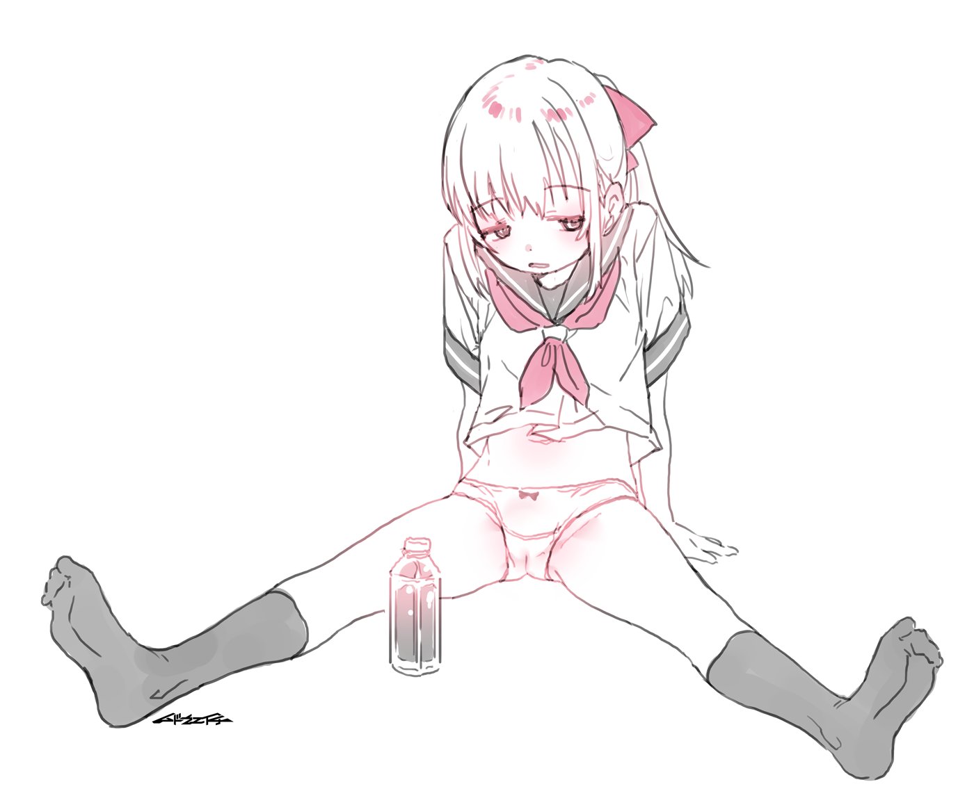 mudou eichi, original, 1girl, arms behind back, black socks, bow, long hair, navel, no pants, panties, pink eyes, ponytail, red bow, school uniform, serafuku, socks, solo, underwear, white background, white hair, white serafuku