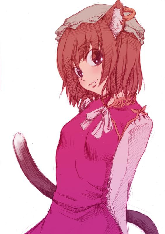 honda kikyou, chen, touhou, 1girl, animal ears, brown eyes, brown hair, cat ears, cat girl, cat tail, earrings, fang, female focus, jewelry, short hair, solo, tail