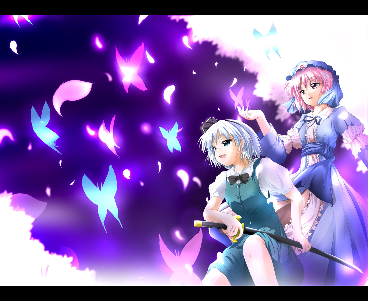 nanaume (shichimi tougarashi), konpaku youmu, saigyouji yuyuko, touhou, 2girls, bug, butterfly, dress, female focus, gradient background, hat, insect, katana, letterboxed, multiple girls, nature, outdoors, plant, sky, sword, weapon