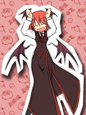 ichidai taisa, koakuma, embodiment of scarlet devil, touhou, animated, animated gif, lowres, caramelldansen, female focus, head wings, solo, wings