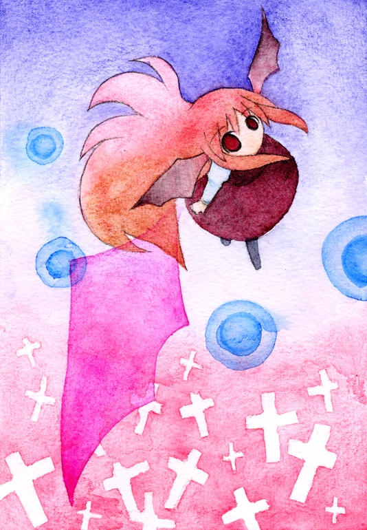 ayumi tooru, koakuma, embodiment of scarlet devil, touhou, traditional media, 1girl, chibi, female focus, head wings, solo, wings