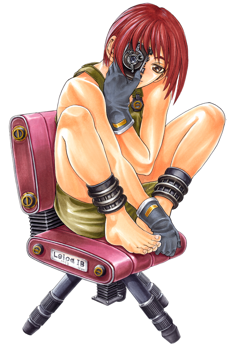 kawaraya a-ta, original, 1girl, barefoot, brown eyes, camera, feet, female focus, full body, gloves, head tilt, one eye covered, poorly drawn, red hair, simple background, sitting, solo, white background