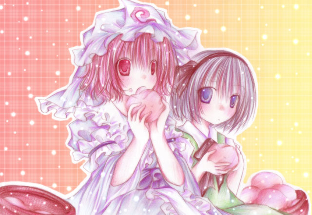 kasuga sunao, konpaku youmu, saigyouji yuyuko, touhou, silver hair, 2girls, arm garter, blue dress, blue eyes, blush, dress, eating, female focus, food, frills, green dress, hat, long sleeves, mob cap, multiple girls, pink eyes, puffy short sleeves, puffy sleeves, red eyes, short hair, short sleeves, steamed bun, tareme, triangular headpiece, upper body