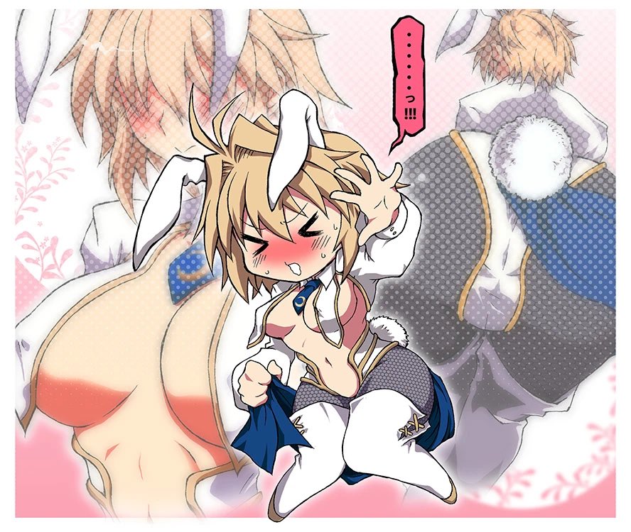 tententensan, arcueid brunestud, tsukihime, > <, 1girl, animal ears, ass, blush, breasts, chibi, cleavage, covered erect nipples, fake animal ears, fake tail, fishnet pantyhose, fishnets, large breasts, pantyhose, rabbit ears, rabbit tail, revealing clothes, short hair, speech bubble, tail