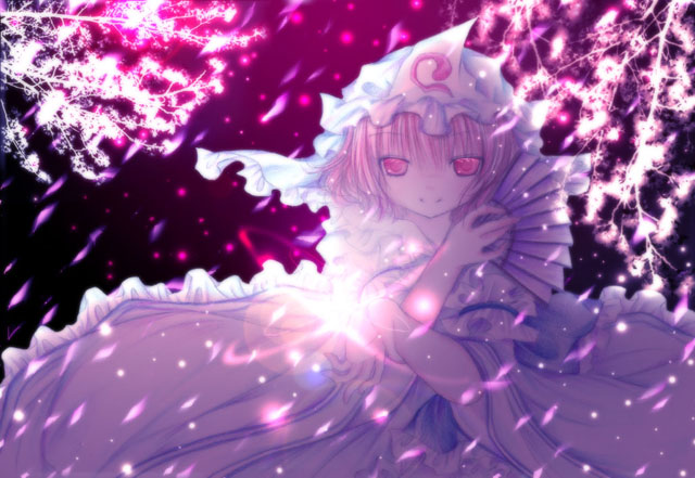 kasuga sunao, saigyouji yuyuko, touhou, light, 1girl, arm garter, backlighting, blue dress, cherry blossoms, dress, female focus, folding fan, frills, hand fan, hat, long sleeves, looking at viewer, mob cap, pink eyes, pink hair, short hair, solo, triangular headpiece, upper body
