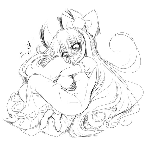usoneko, ex-keine, kamishirasawa keine, touhou, 1girl, dress, female focus, full body, greyscale, monochrome, sketch, solo, white background