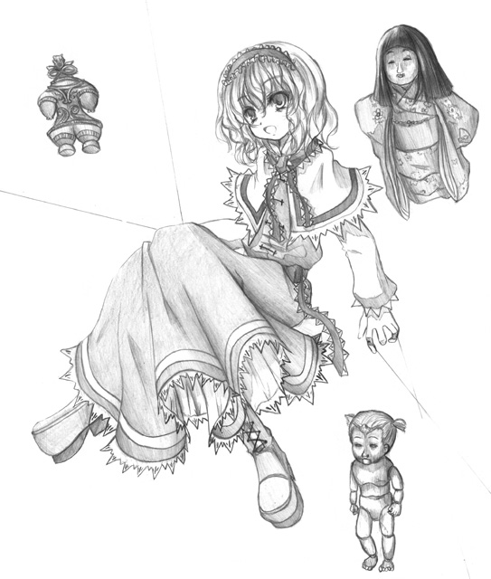 kurona, alice margatroid, touhou, 1girl, doll, female focus, greyscale, monochrome, solo