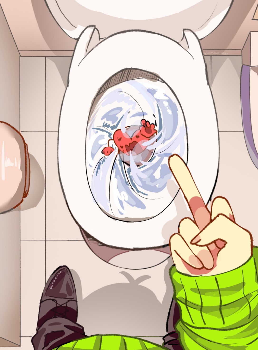 kris (deltarune), soul (deltarune), deltarune, utdr (toby fox), highres, 1other, brown shoes, creature, flushing, from above, head out of frame, heart, hosino mizu, indoors, middle finger, open mouth, pov, shoes, standing, sweat, toilet, water