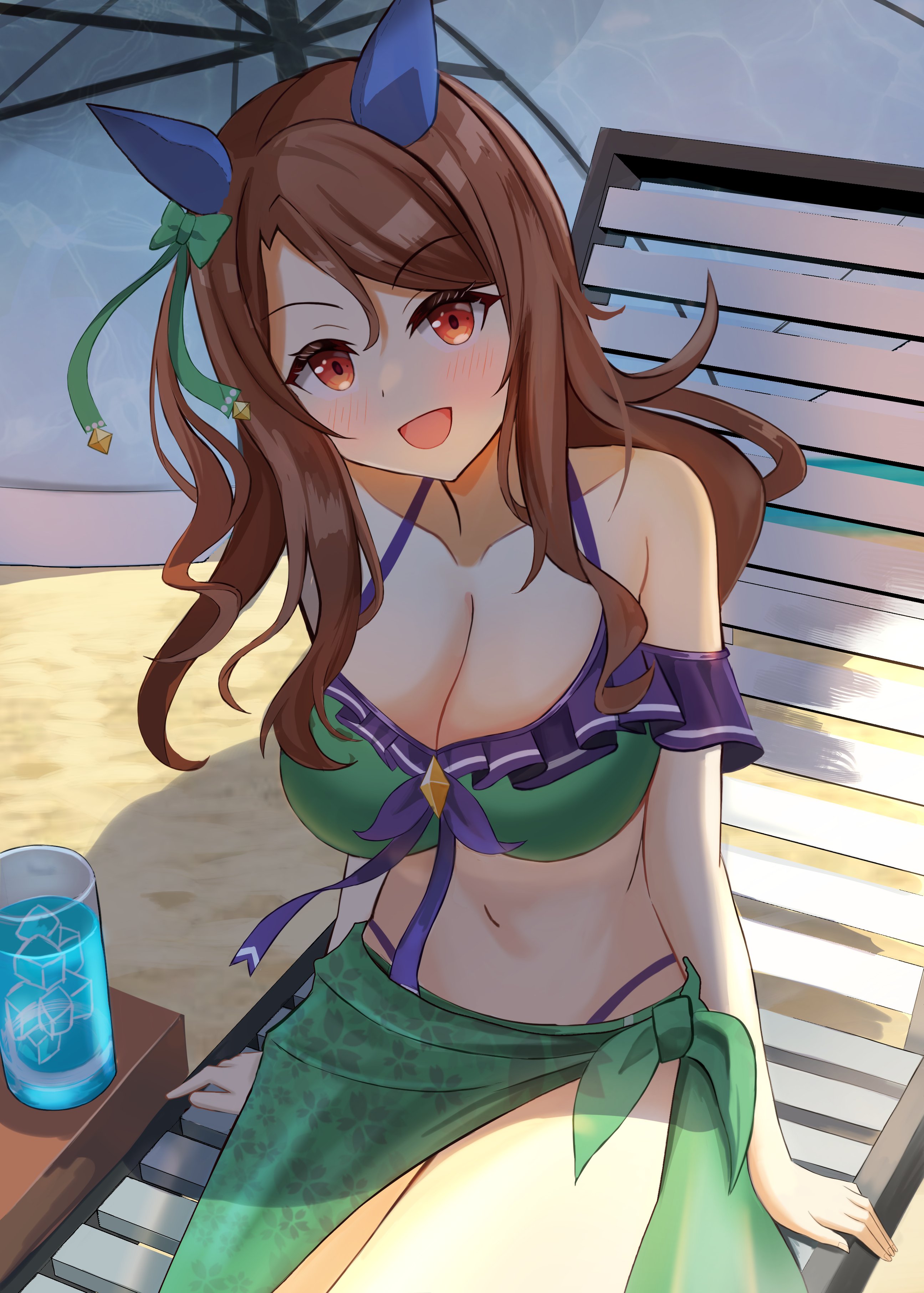 sky wing12, king halo (umamusume), umamusume, absurdres, highres, 1girl, animal ears, bare shoulders, beach, beach chair, bikini, blush, bow, breasts, brown hair, cleavage, collarbone, cup, drinking glass, ear bow, ear covers, ear ribbon, green bikini, green bow, green sarong, horse ears, horse girl, large breasts, long hair, looking at viewer, navel, open mouth, outdoors, purple bikini, red eyes, sarong, shade, sitting, smile, solo, stomach, swimsuit, umbrella