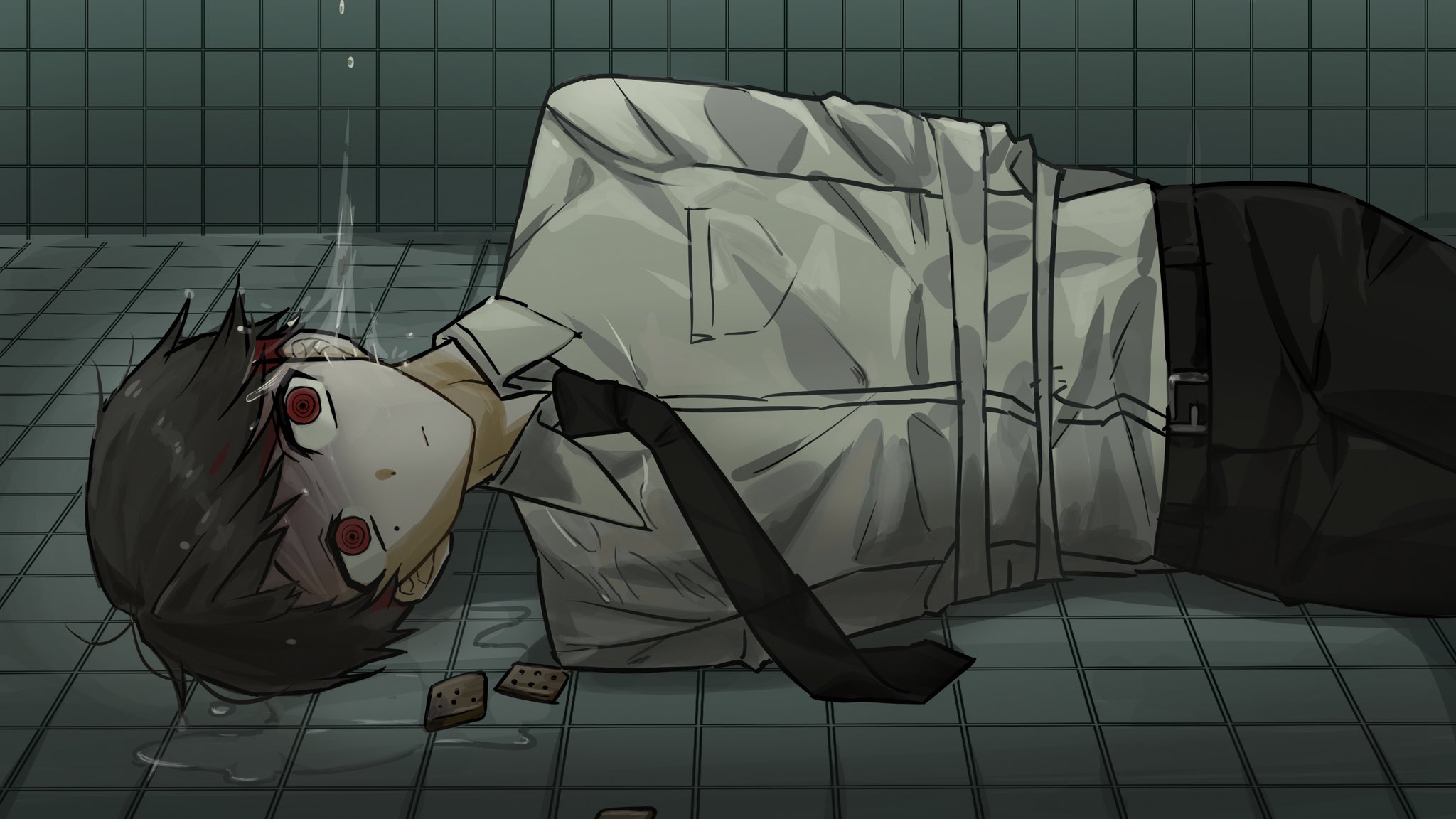 ooe (game), highres, 1boy, arms behind back, belt, black hair, black necktie, black pants, bound, breast pocket, closed mouth, collared shirt, long sleeves, looking at viewer, lying, male focus, mole, mole under eye, necktie, on side, pants, pocket, red eyes, seranrrrrr, shiodome (ooe), shirt, shirt tucked in, short hair, solo, tile floor, tile wall, tiles, white shirt