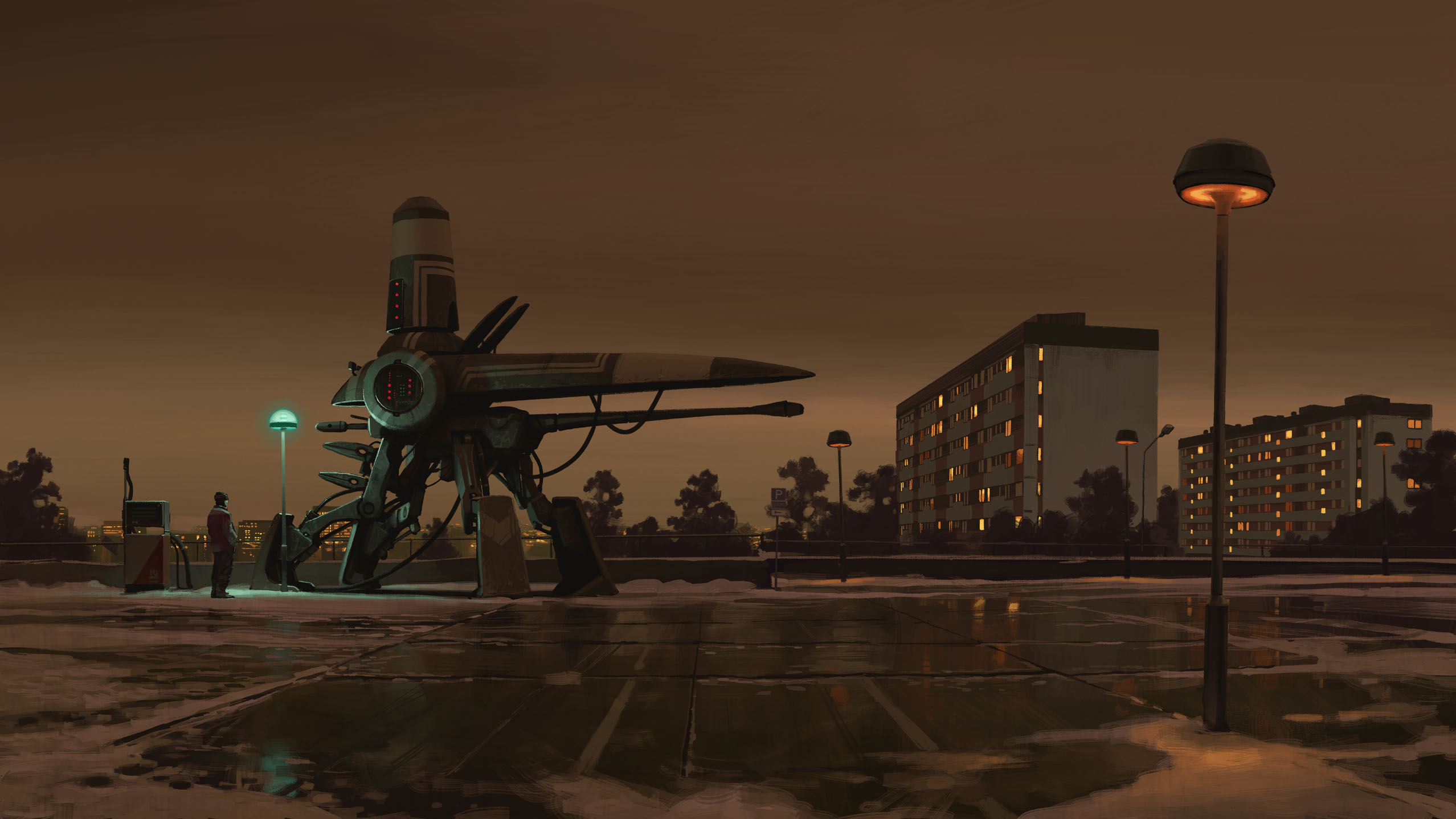 simon stalenhag, highres, 1boy, beanie, building, cannon, gas pump, gun, hat, jacket, lamppost, night, non-humanoid robot, outdoors, pants, parking lot, parking permissive sign, road sign, robot, sign, sky, snow, things from the flood, tree, weapon