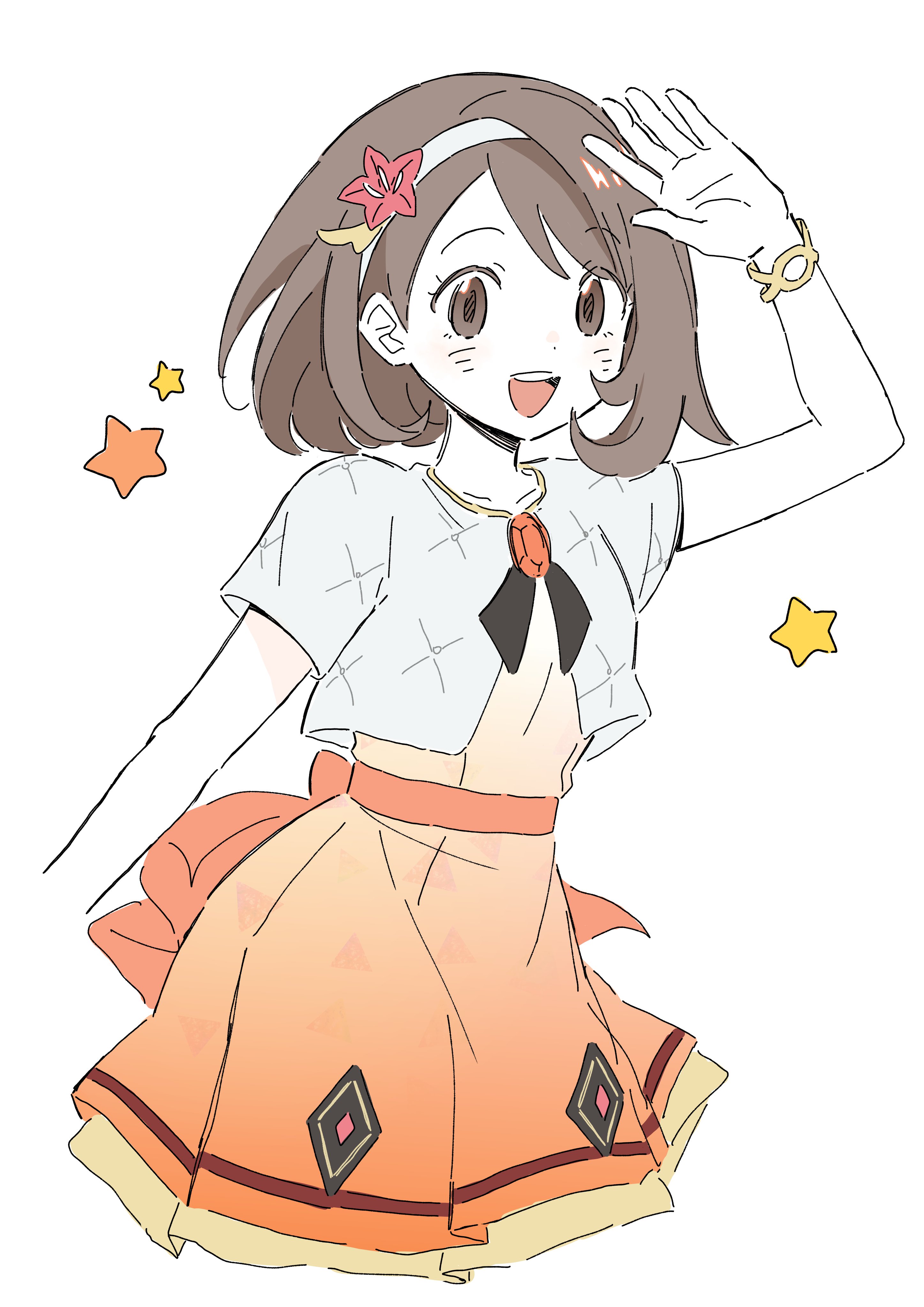0ming p, gloria (anniversary 2025) (pokemon), gloria (pokemon), nintendo, pokemon, pokemon masters ex, absurdres, highres, 1girl, blush, bracelet, breasts, brown eyes, brown hair, dress, flower, gradient clothes, gradient dress, hair ornament, hairband, jewelry, official alternate costume, open mouth, orange dress, short hair, short sleeves, simple background, smile, star (symbol), white background, white hairband