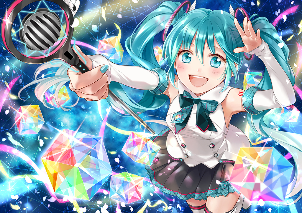 sakikko, hatsune miku, magical mirai miku, magical mirai miku (2017), magical mirai (vocaloid), vocaloid, 1girl, aqua eyes, aqua hair, aqua nails, aqua trim, arm tattoo, arms up, black skirt, blush, boots, detached sleeves, hair between eyes, hair ornament, holding, holding microphone, long hair, long sleeves, microphone, miniskirt, number tattoo, official alternate costume, open mouth, pleated skirt, shirt, skirt, sleeveless, sleeveless shirt, smile, solo, tattoo, thigh boots, twintails, very long hair