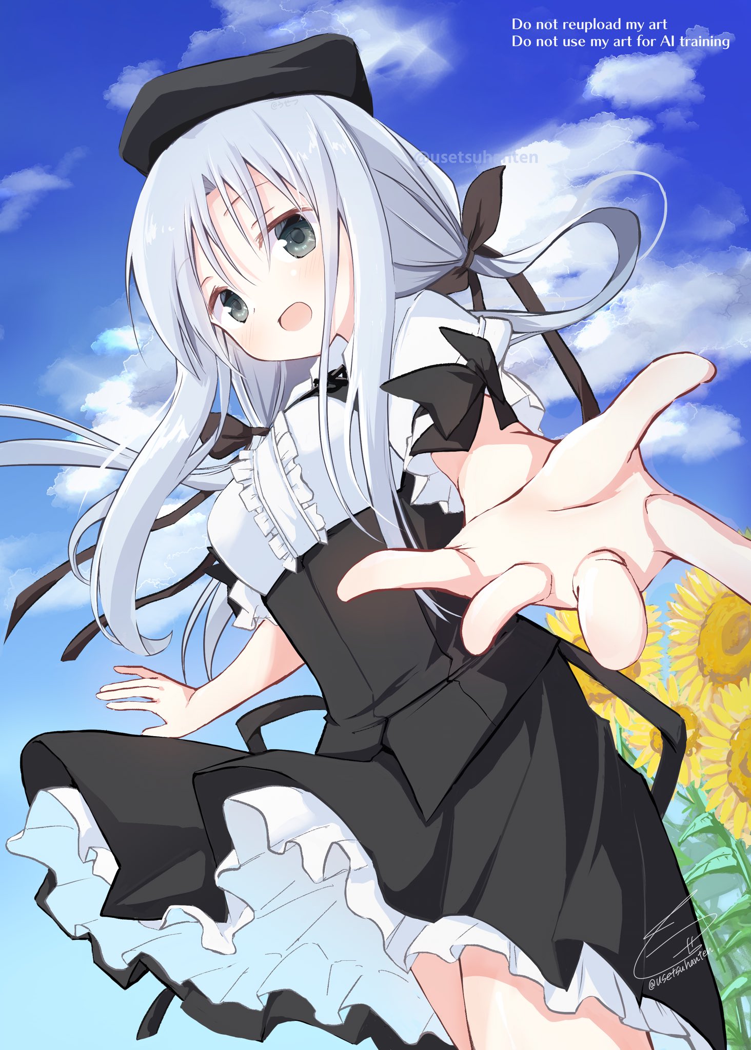 usetsusakon2, nonohara hinazakura, himawari no kyoukai to nagai natsuyasumi, commentary request, highres, 1girl, :d, beret, black bow, black hat, black skirt, blush, bow, center frills, collared shirt, cowboy shot, dutch angle, floating clothes, floating hair, foreshortening, frilled shirt, frilled skirt, frills, green eyes, grey hair, hair bow, hat, high-waist skirt, long hair, looking at viewer, low twintails, open mouth, outstretched hand, reaching, reaching towards viewer, shirt, short sleeves, sidelocks, signature, skirt, sleeve bow, smile, solo, twintails, twitter username, watermark, wind