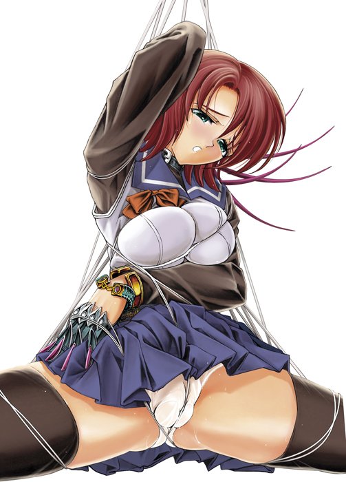 kawaraya a-ta, yuuki nao, my-hime, 00s, 1girl, bdsm, bondage, bound, breasts, breasts squeezed together, cameltoe, fat mons, female focus, green eyes, large breasts, panties, red hair, rope, school uniform, serafuku, skirt, solo, spread legs, thighhighs, underwear, wedgie, white panties, zettai ryouiki