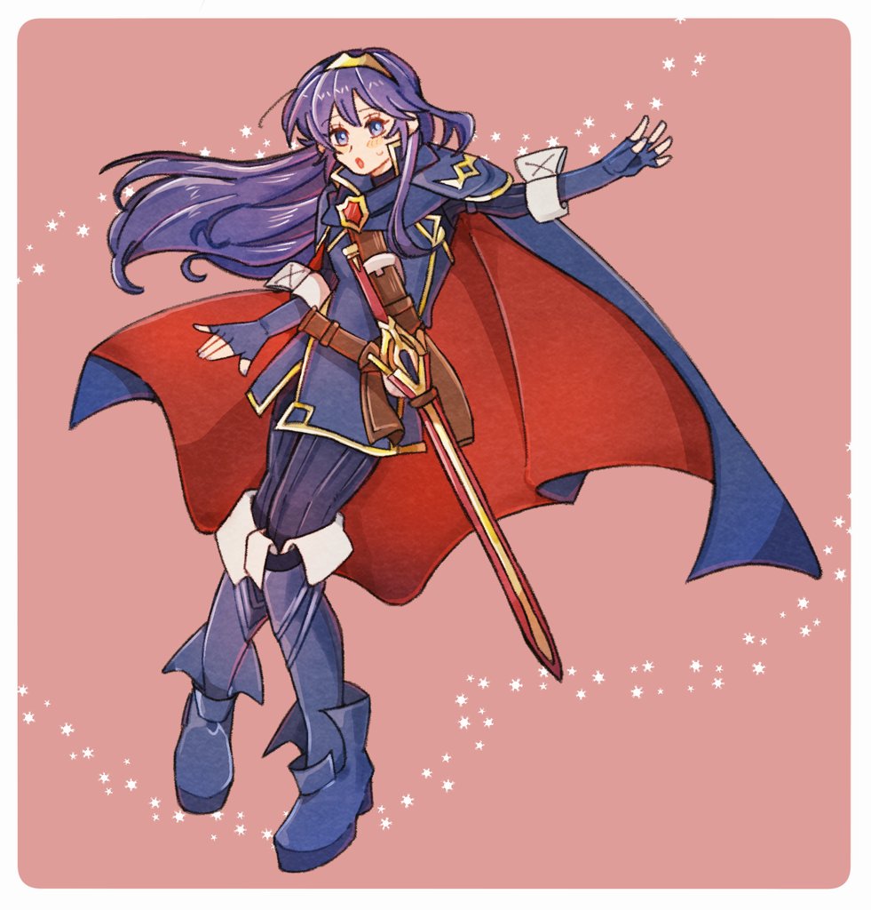 neeeeeeega 2025, lucina (fire emblem), fire emblem, fire emblem awakening, nintendo, 1girl, blue boots, blue cape, blue eyes, blue gloves, blue hair, blue tunic, blush, boots, breasts, cape, falchion (fire emblem), fingerless gloves, gloves, hair between eyes, long hair, open mouth, pants, red cape, sheath, sheathed, simple background, small breasts, solo, sword, tiara, tunic, two-tone cape, weapon
