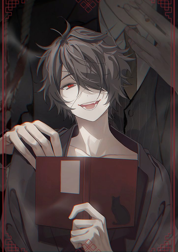 sal gun, shinbashi (ooe), ooe (game), 2boys, black hair, blood, book, fang, hair over one eye, hand on another's shoulder, holding, holding book, japanese clothes, looking at viewer, male focus, mask, multiple boys, one eye covered, open mouth, red eyes, short hair, smile, solo focus, teeth, upper body