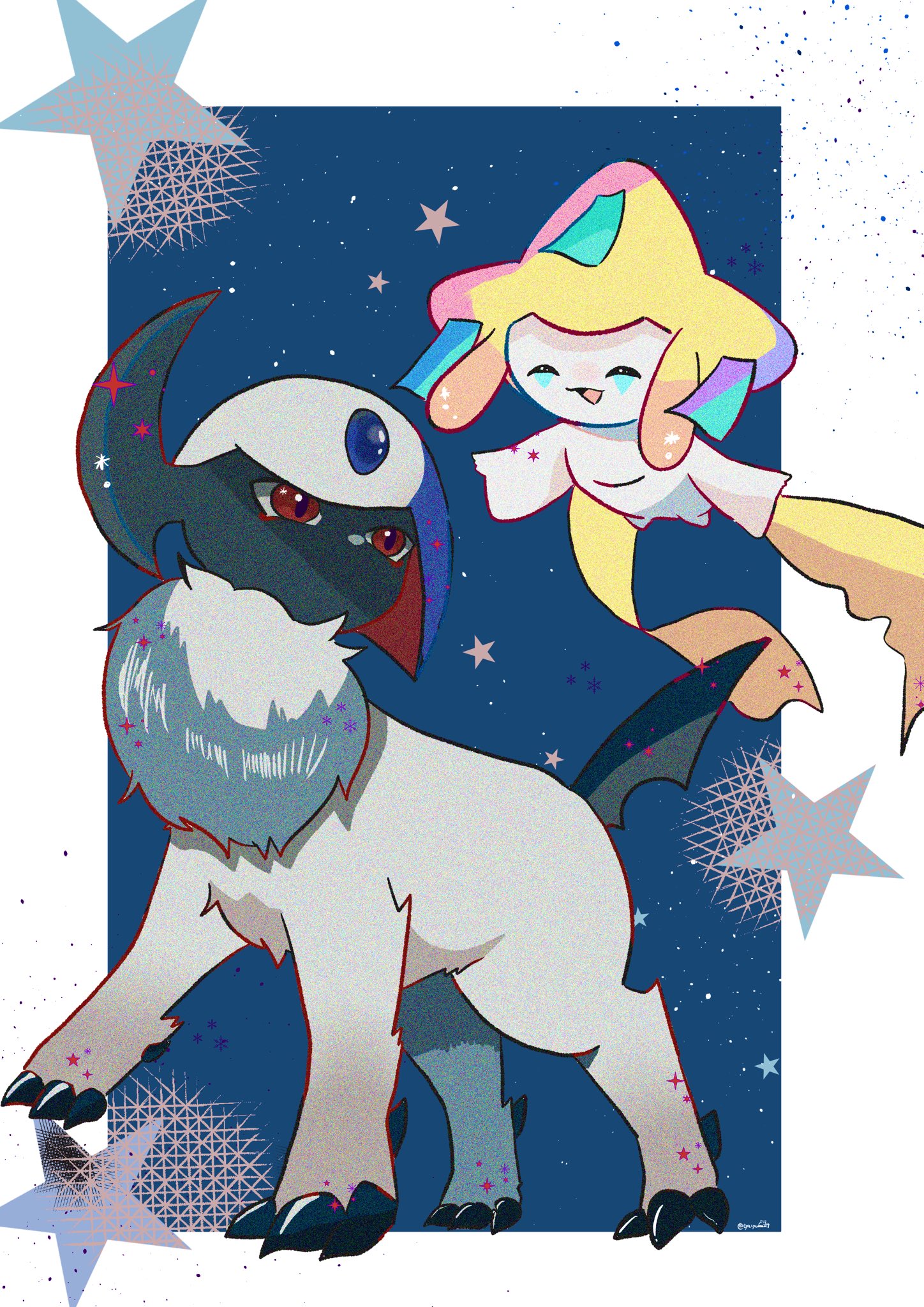 mendako (tyatyaumai29), absol, jirachi, nintendo, pokemon, highres, animal focus, claws, closed eyes, closed mouth, colored skin, floating, fluffy, full body, gen 3 pokemon, horns, legendary pokemon, mane, mythical pokemon, neck fur, no humans, open mouth, pokemon (creature), pokemon focus, red eyes, single horn, smile, star (symbol), tail, white fur, white skin