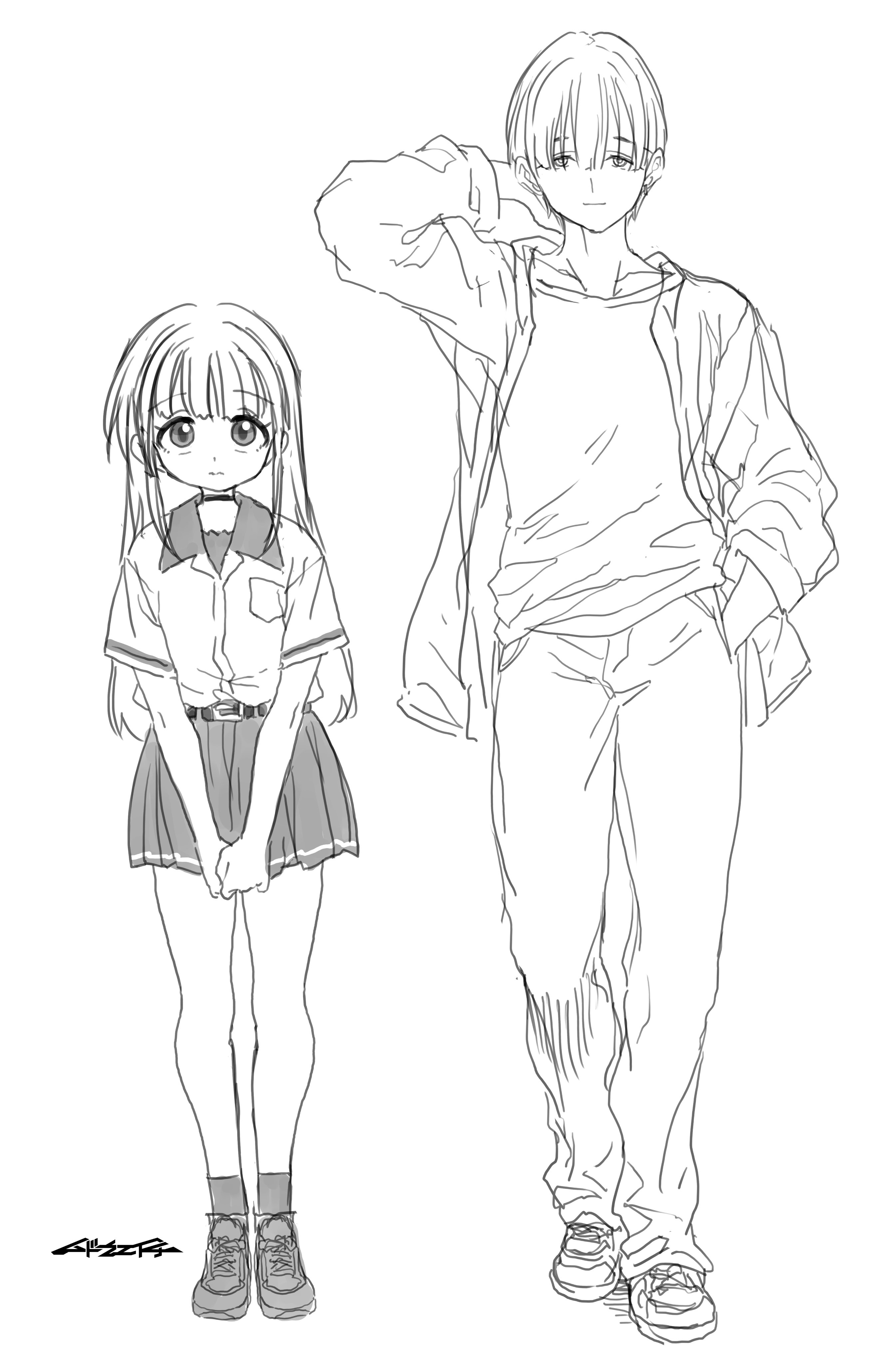 mudou eichi, original, absurdres, highres, 1boy, 1girl, arms behind head, flat chest, hand in pocket, jacket, long hair, looking at viewer, own hands together, school uniform, serafuku, shirt, shoes, short hair, sketch, smile, sneakers, socks, white background