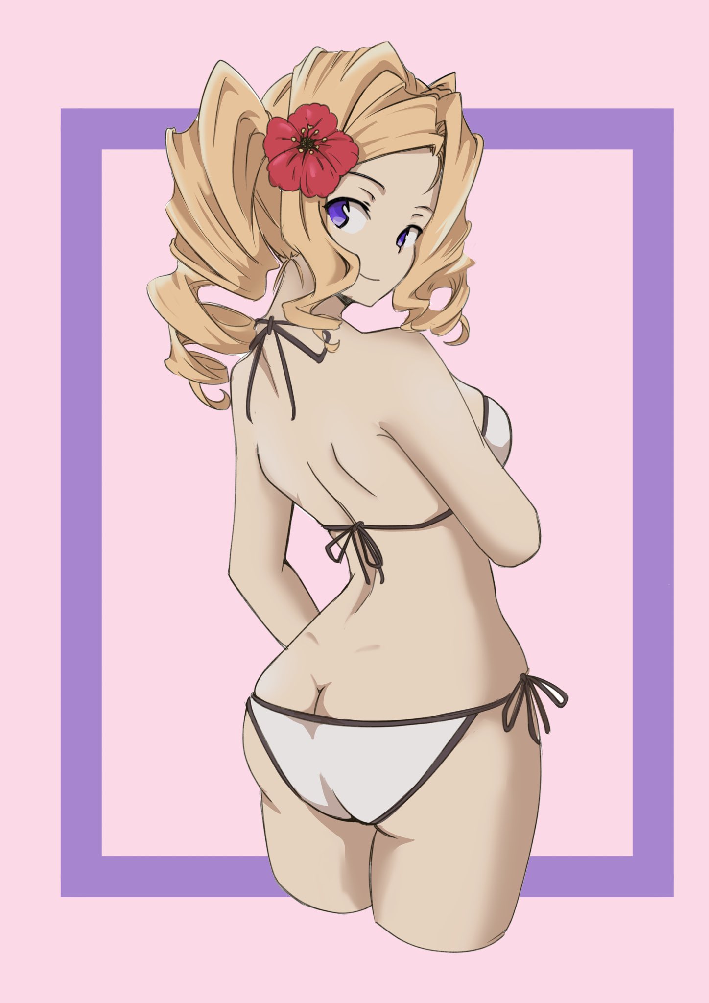 chakoru, honolulu (kancolle), honolulu (swimsuit) (kancolle), kantai collection, highres, 1girl, ass, bikini, blonde hair, blue eyes, blush, breasts, cowboy shot, drill hair, flower, hair flower, hair ornament, long hair, looking at viewer, pink background, purple eyes, red flower, side-tie bikini bottom, smile, solo, string bikini, swimsuit, twin drills, twintails, white bikini