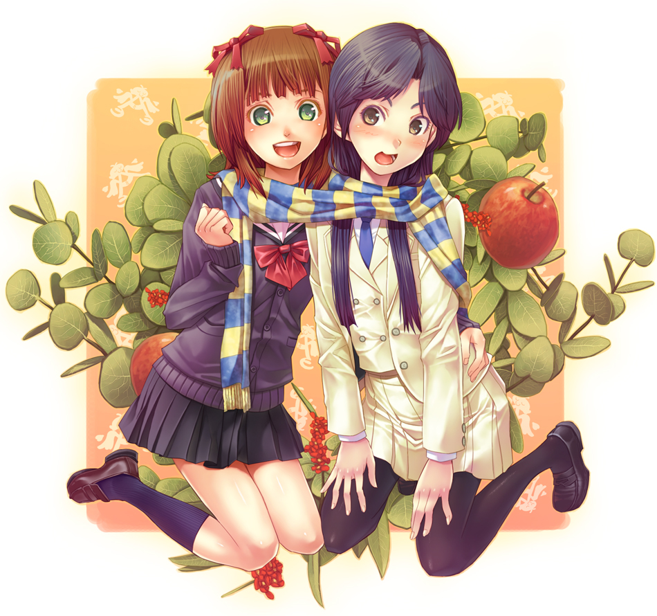 goe, amami haruka, kisaragi chihaya, idolmaster, idolmaster (classic), idolmaster 1, black legwear, blue legwear, bad id, bad pixiv id, 00s, 2girls, apple, black hair, bow, bowtie, brown eyes, brown hair, cardigan, food, fruit, green eyes, hair ribbon, kneeling, loafers, looking at viewer, multiple girls, necktie, pantyhose, plant, pleated skirt, ribbon, scarf, shared clothes, shared scarf, shoes, skirt, socks, striped clothes, striped scarf