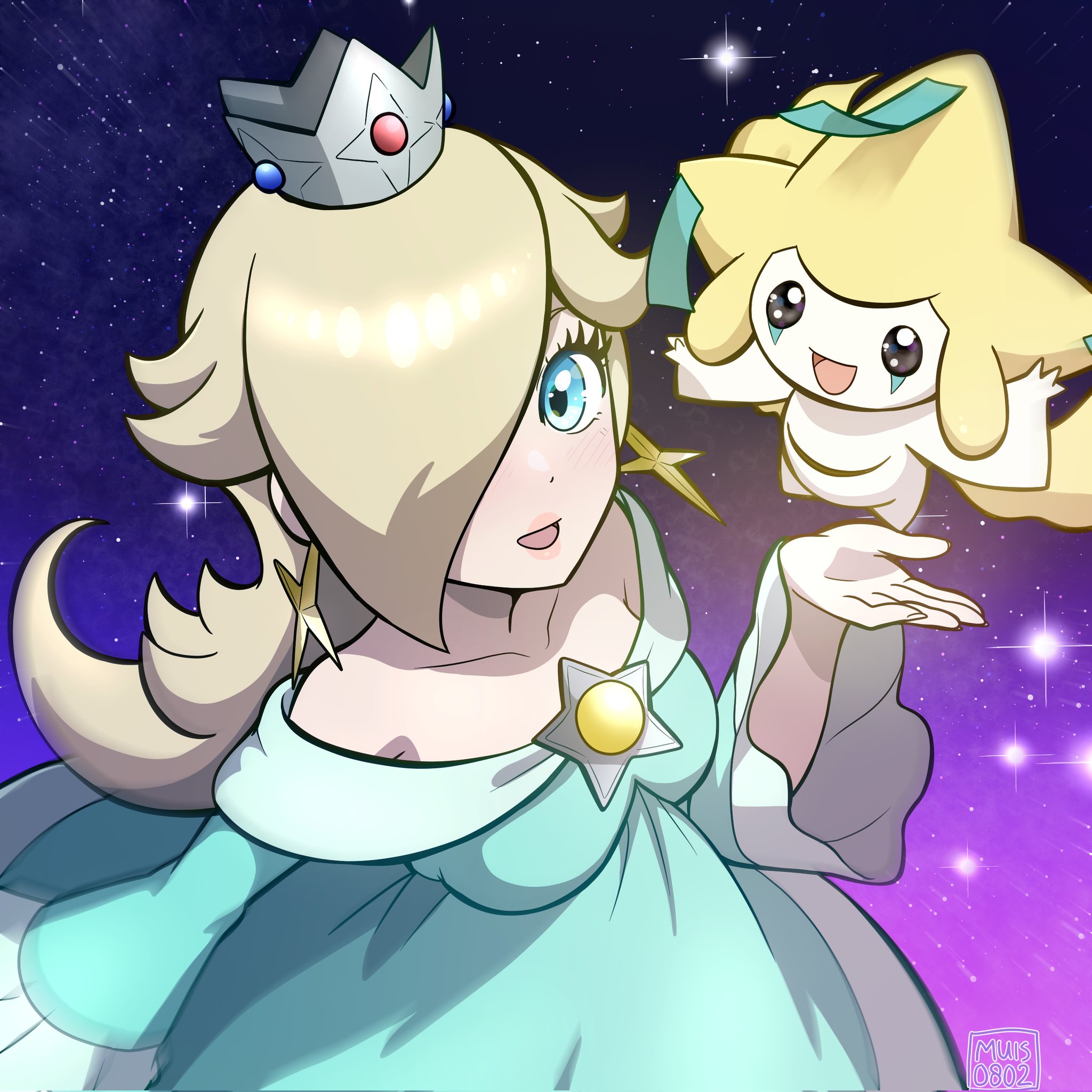 muis0802, jirachi, rosalina, mario (series), nintendo, pokemon, highres, 1girl, bare shoulders, black eyes, blonde hair, blue dress, blue eyes, breasts, brooch, collarbone, colored skin, crown, dress, earrings, gen 3 pokemon, grey crown, hair over one eye, jewelry, legendary pokemon, long hair, long sleeves, looking at viewer, mythical pokemon, off-shoulder dress, off shoulder, open mouth, pokemon (creature), silver crown, smile, star (symbol), star brooch, star earrings, white skin
