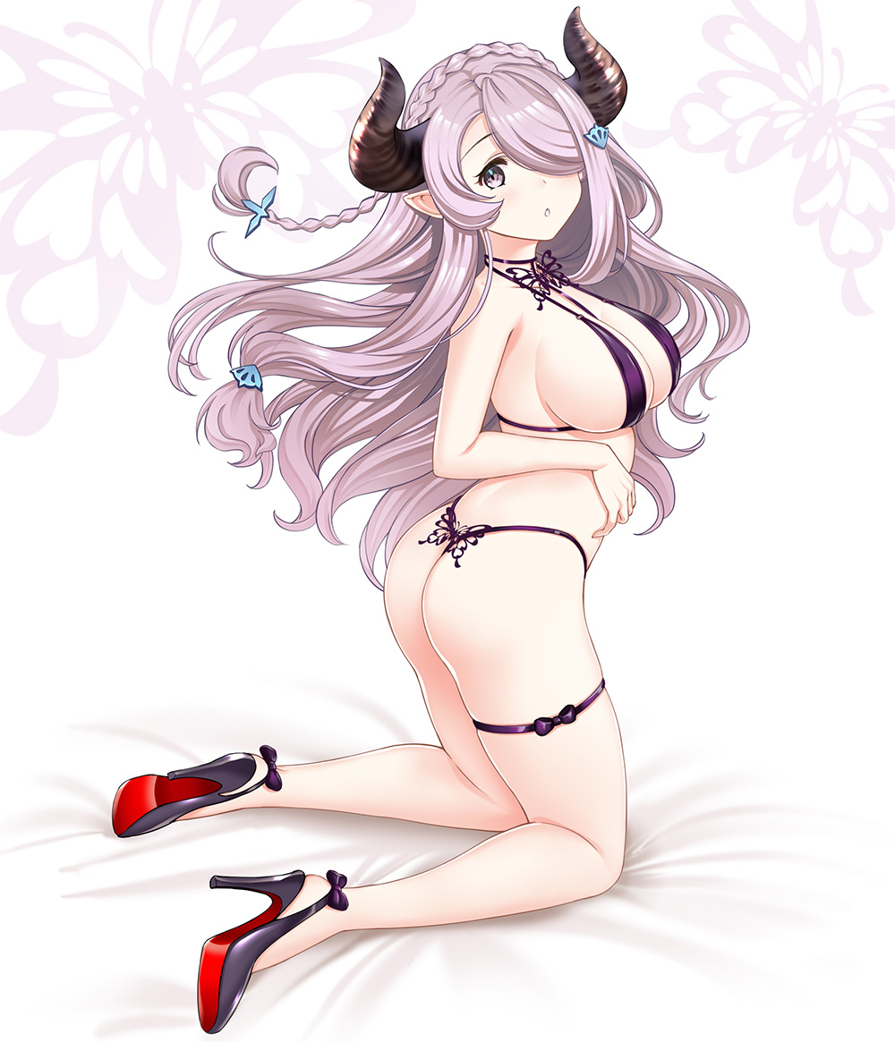 hataraki kuma, narmaya (granblue fantasy), granblue fantasy, commentary request, 1girl, :o, bikini, black shoes, bracelet, braid, breasts, bug, butterfly, cleavage, curled horns, dot nose, draph, full body, hair ornament, hair over one eye, high heels, horns, insect, jewelry, kneeling, long hair, looking at viewer, mature female, open mouth, parted bangs, pointy ears, purple bikini, purple eyes, purple hair, shadow, shoes, sideboob, simple background, single braid, solo, string bikini, swimsuit, sword, thigh strap, thighs, weapon, white background