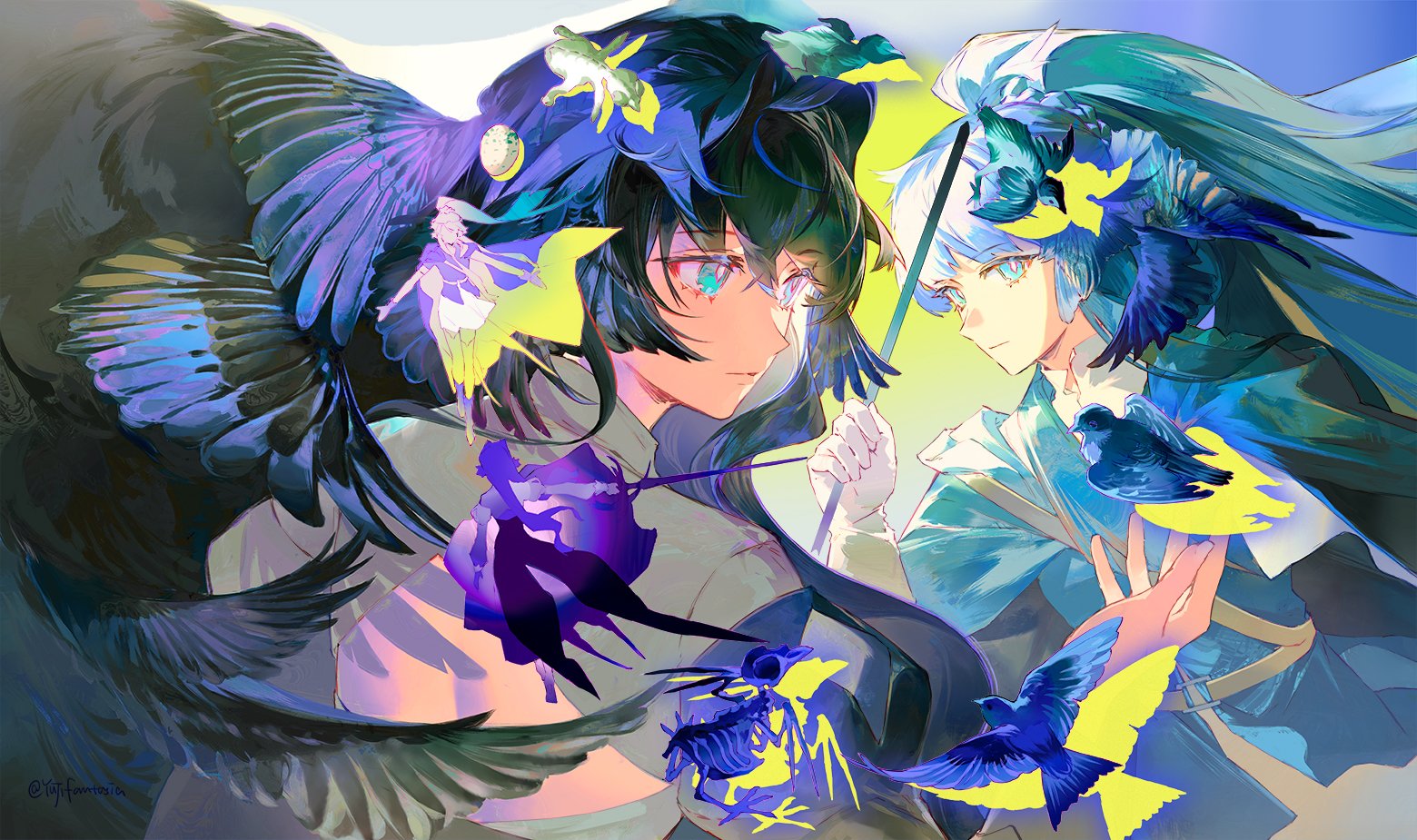 yuji (fantasia), astesia (arknights), astgenne (arknights), arknights, 2girls, animal skeleton, bird, blue eyes, blue hair, egg, expressionless, feather hair, hair between eyes, holding, holding wand, long hair, long sleeves, looking at viewer, multiple girls, ponytail, upper body, wand