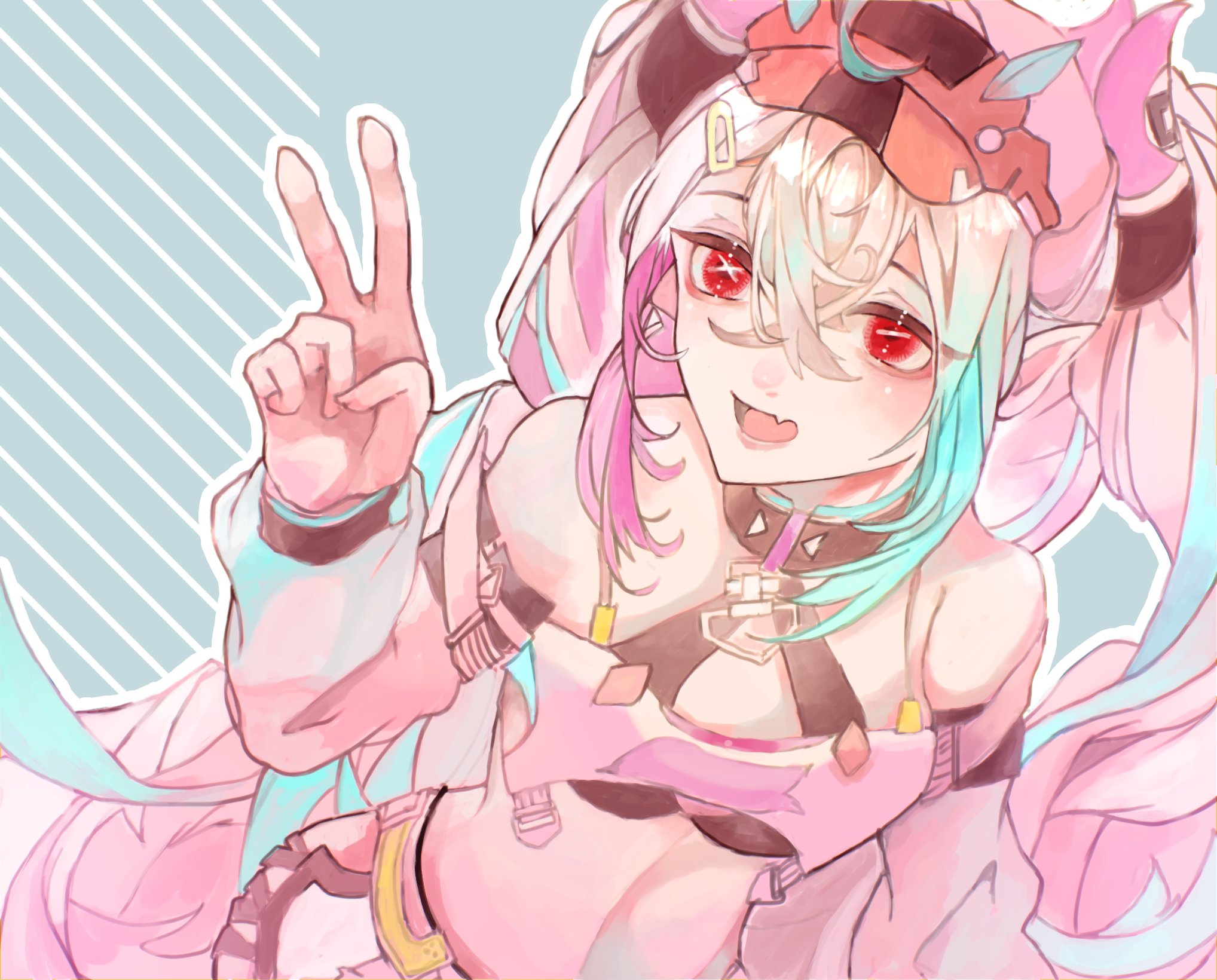 side00111, jetavie: daybreak (mischievous wings) (pgr), jetavie (pgr), punishing: gray raven, highres, 1girl, aqua hair, bare shoulders, crossed bangs, fang, grey hair, hair between eyes, high-waist skirt, long hair, looking at viewer, mismatched pupils, multicolored hair, open mouth, pointy ears, red eyes, red hair, skin fang, skirt, slit pupils, solo, symbol-shaped pupils, twintails, x-shaped pupils