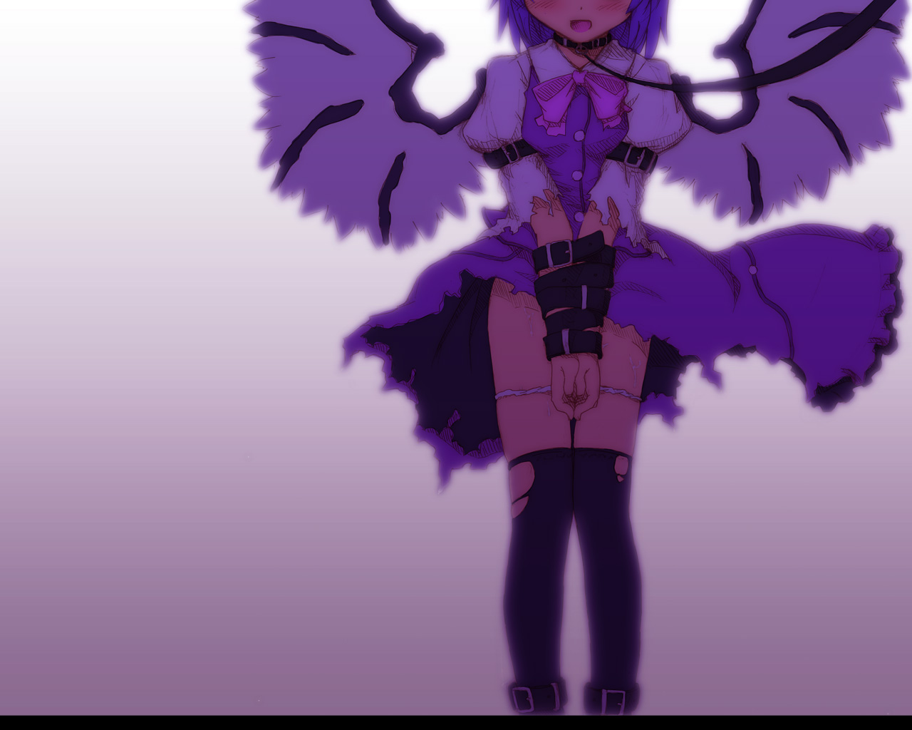 etogami kazuya, mystia lorelei, touhou, 1girl, bdsm, belt, blush, bondage, bound, bound wrists, collar, female focus, leash, open mouth, panties, panty pull, smile, solo, thighhighs, torn clothes, underwear, wings