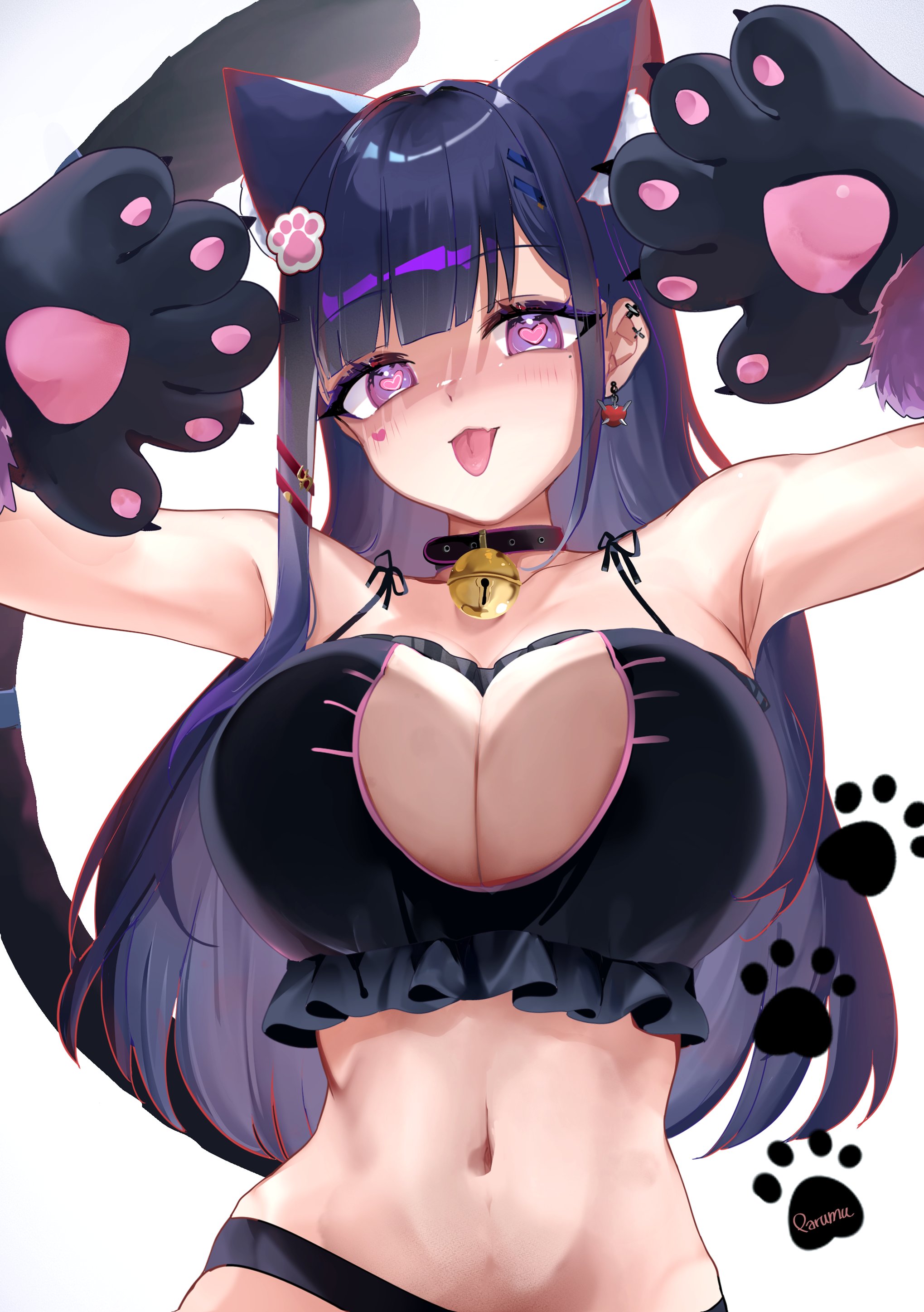 red666, akuma nihmune, indie virtual youtuber, absurdres, commentary, highres, 1girl, alternate costume, animal collar, animal ears, animal hands, arms up, bell, black bra, black collar, black panties, bra, breasts, cat cutout, cat ears, cat lingerie, cat tail, cleavage cutout, clothing cutout, collar, earrings, facial tattoo, frilled bra, frills, gloves, heart, heart-shaped pupils, heart tattoo, huge breasts, jewelry, light blush, long hair, looking at viewer, mole, mole under eye, navel, neck bell, panties, paw gloves, paw hair ornament, purple eyes, purple hair, simple background, solo, standing, stomach, symbol-shaped pupils, tail, tattoo, tongue, tongue out, underwear, upper body, white background