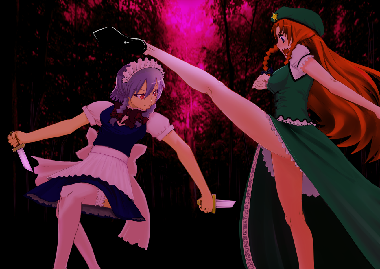 chameleon (pixiv52904), hong meiling, izayoi sakuya, immaterial and missing power, touhou, bad id, bad pixiv id, 2girls, female focus, flexible, kicking, knife, multiple girls, split, thighhighs, throwing knife, weapon
