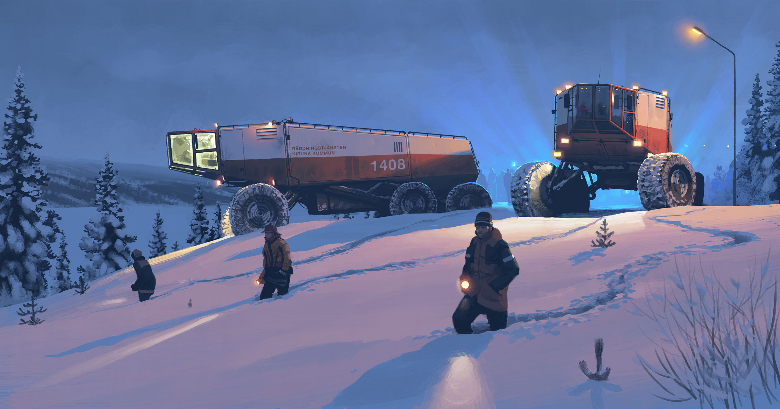simon stalenhag, highres, 3boys, beanie, black pants, coat, crowd, flashlight, grass, hat, holding, holding flashlight, lamppost, long sleeves, motor vehicle, multiple boys, night, outdoors, pants, science fiction, searching, sky, snow, standing, things from the flood, tree, unconventional vehicle, walking, yellow coat