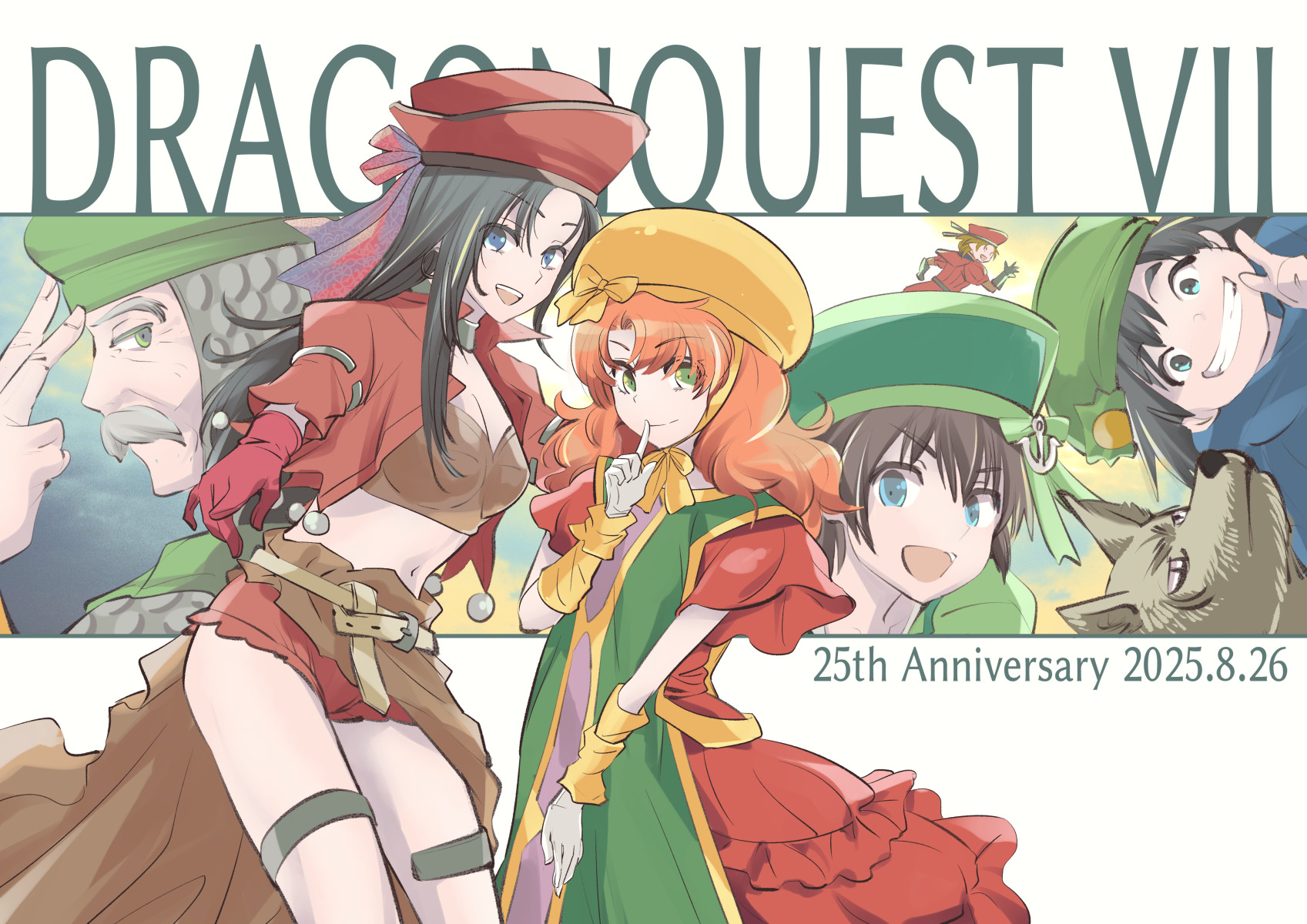 kazaha kai, aira (dq7), gabo, hero (dq7), kiefer, maribel (dq7), sir mervyn, dragon quest, dragon quest vii, commentary request, highres, 2025, 2girls, 4boys, :d, ancestor and descendant, anniversary, aqua eyes, armor, black hair, blue eyes, brown bustier, brown sash, bustier, chainmail, copyright name, cowboy shot, dated, dress, facial hair, green eyes, green hat, green tabard, grin, hat, index finger raised, jacket, jewelry, knight, long hair, multiple boys, multiple girls, mustache, old, old man, open mouth, red dress, red hat, red jacket, red shorts, shorts, smile, tabard, thighlet, upper body, white facial hair, wolf
