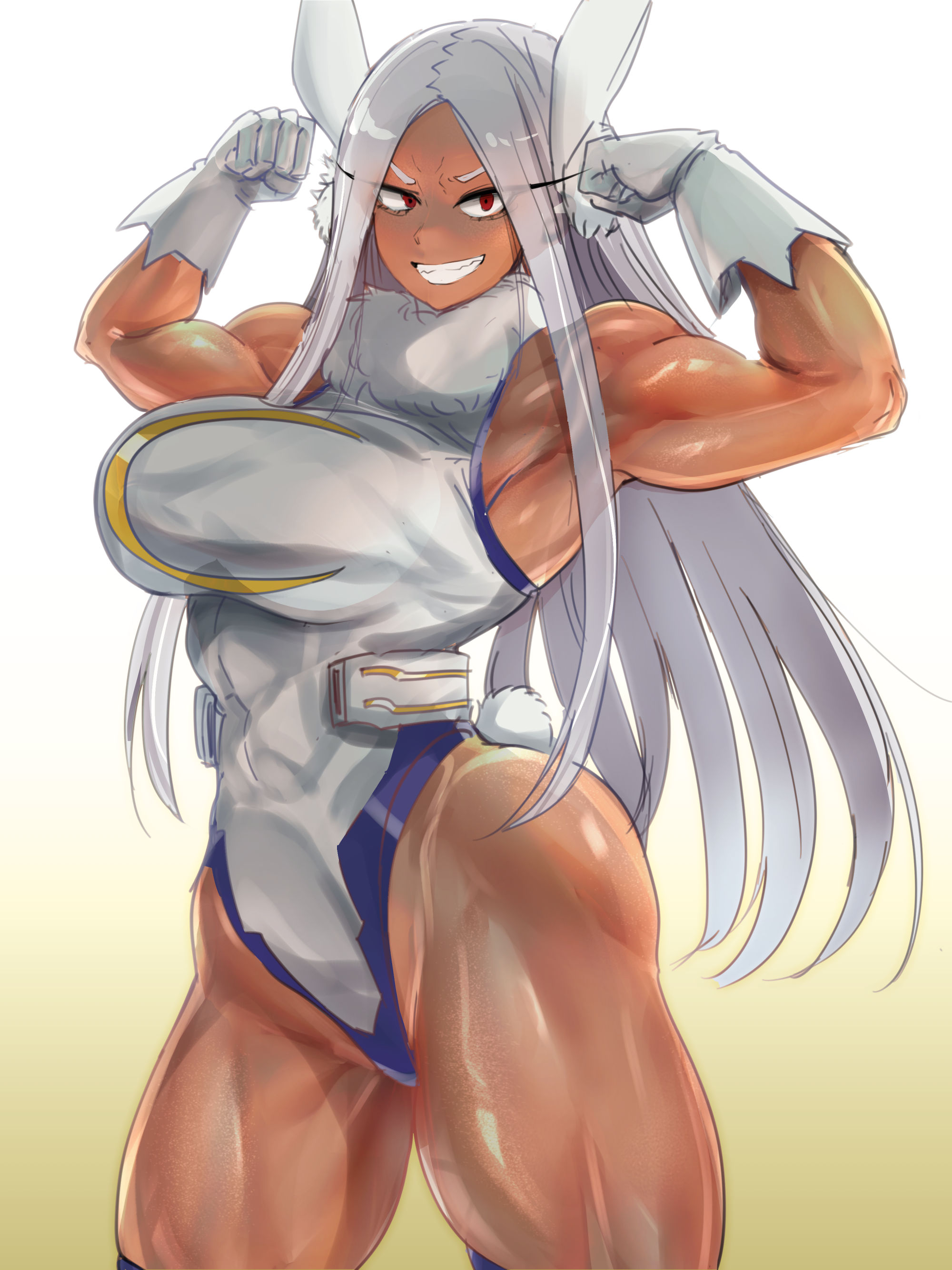 koucha indian, mirko, boku no hero academia, highres, 1girl, bare shoulders, breasts, dark-skinned female, dark skin, female focus, flexing, gloves, large breasts, leotard, muscular, muscular female, rabbit ears, red eyes, simple background, solo, standing, teeth, thighs, white gloves, white hair