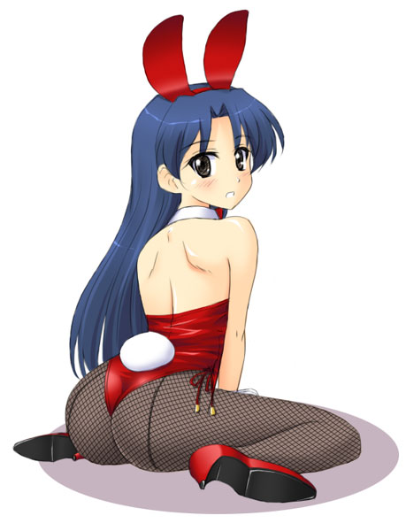 masakichi (crossroad), kisaragi chihaya, idolmaster, idolmaster (classic), idolmaster 1, 00s, 1girl, animal ears, ass, back, bare shoulders, blush, bow, bowtie, fake animal ears, female focus, fishnet pantyhose, fishnets, full body, leotard, looking back, pantyhose, playboy bunny, rabbit ears, rabbit tail, simple background, solo, tail